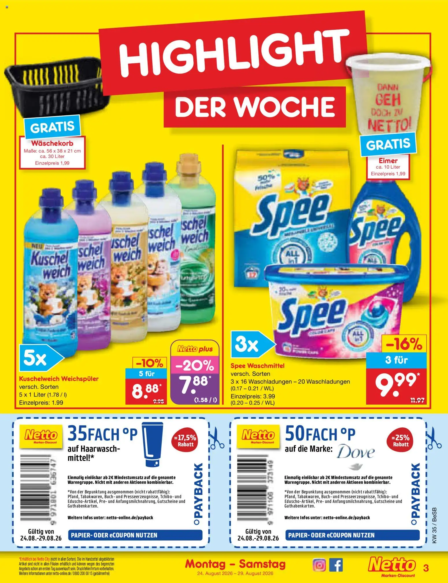 Netto Marken-Discount Prospekt – gültig ab 24.08.2026 | Seite: 3 | Produkte: Kuschelweich, Spee, Weichspüler, Waschmittel