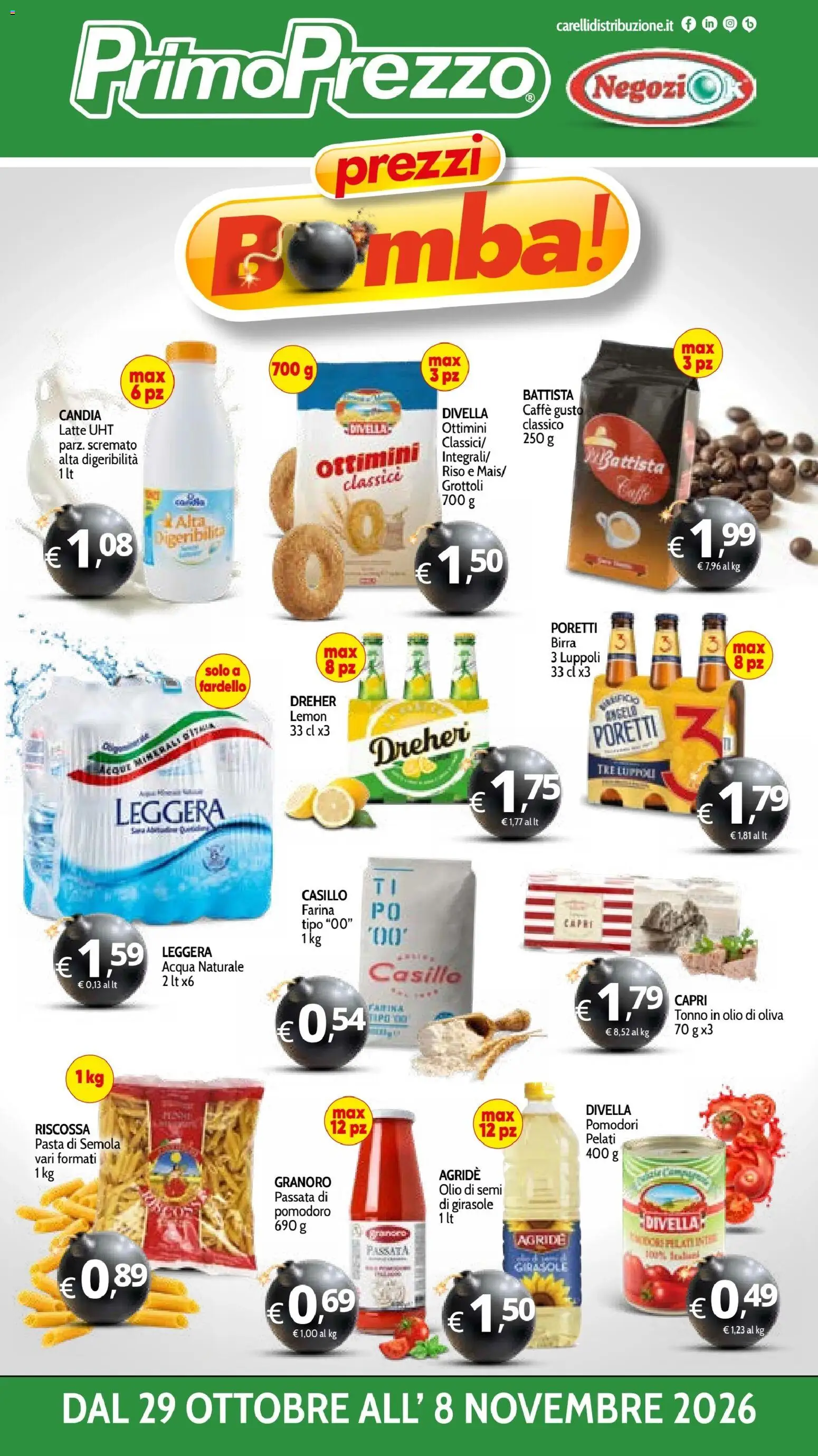 Volantino Primo Prezzo del 29/10/2026 | Pagina: 1 | Prodotti: Caffè, Riso, Granoro, Latte