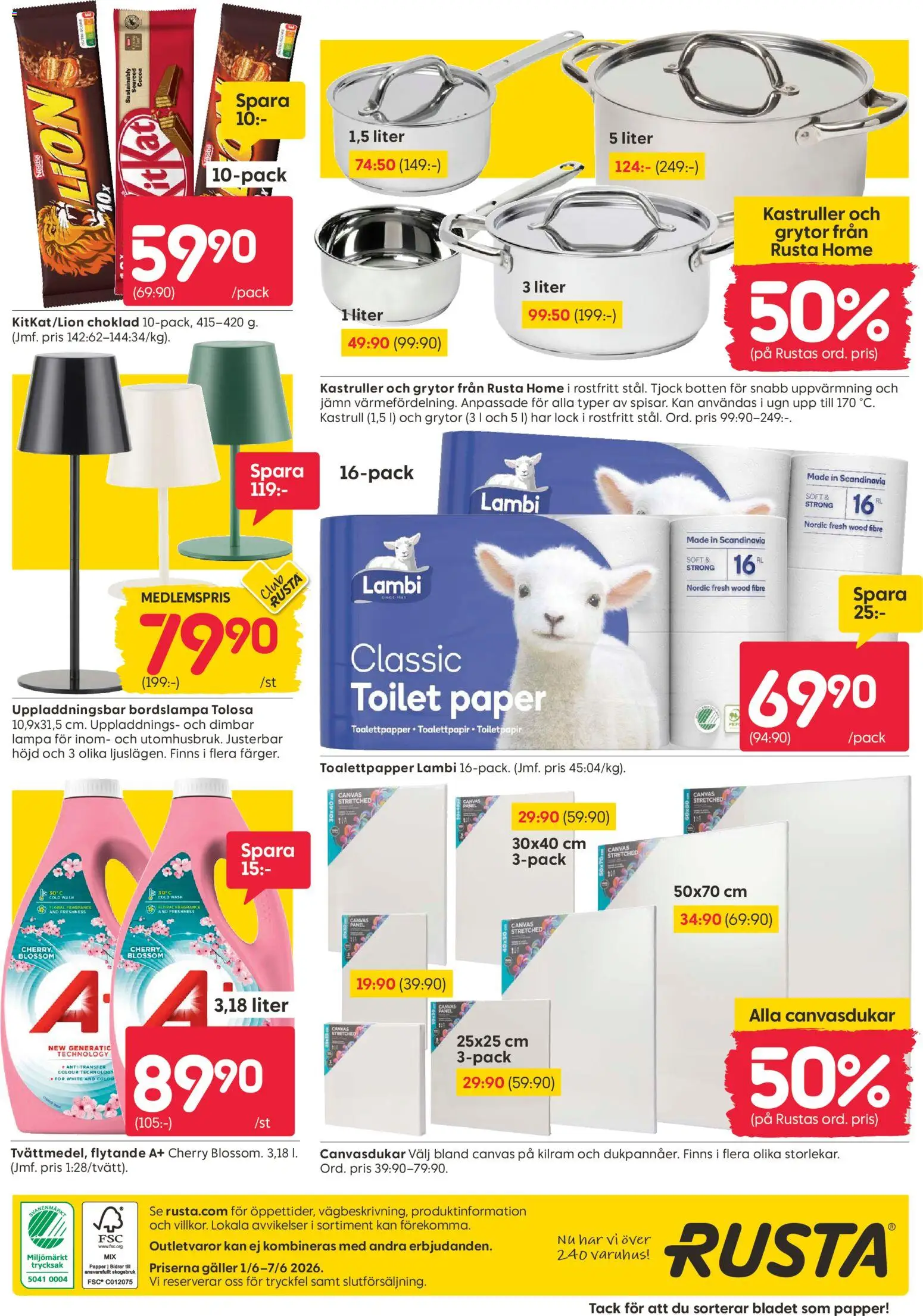 Rusta reklamblad aktuell från 01.06.2026 | Sida: 16 | Produkter: Bordslampa, Toalettpapper, Lampa, Choklad
