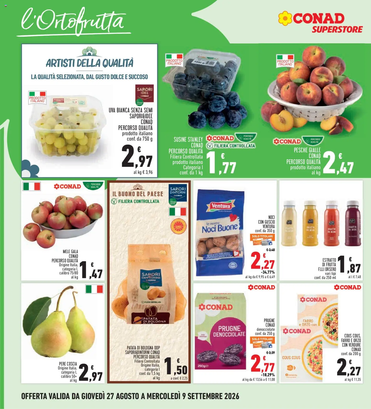 Volantino Conad del 27/08/2026 | Pagina: 10 | Prodotti: Pere, Prugne, Uva, Farro