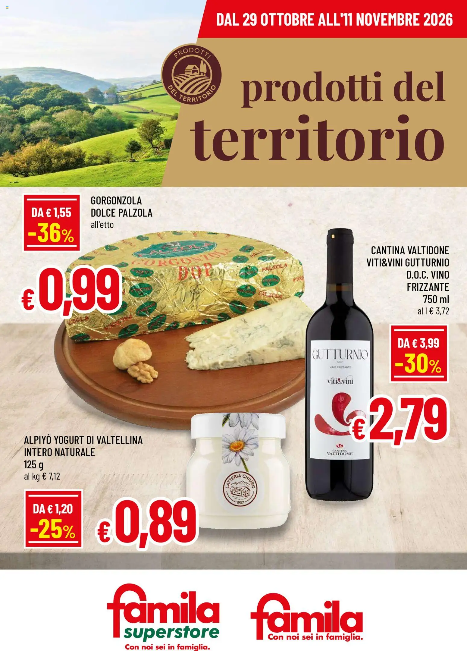 Volantino Famila del 29/10/2026 | Pagina: 1 | Prodotti: Yogurt, Vino, Gorgonzola
