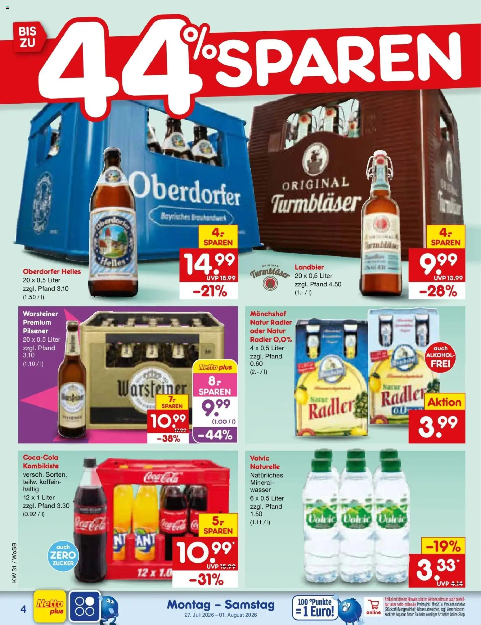 Netto Marken-Discount Prospekt Ludwigshafen-Edigheim – gültig ab 27.07.2026 | Seite: 4 | Produkte: Monchshof, Wasser, Zucker, Volvic