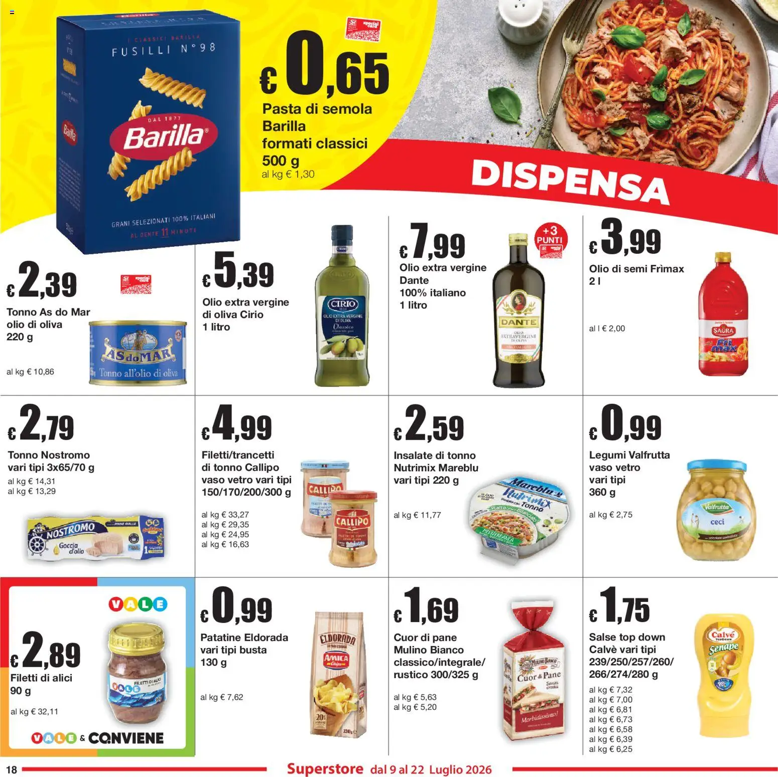 Volantino Sì con Te del 09/07/2026 | Pagina: 18 | Prodotti: Legumi, Fusilli, Piatto, Vaso