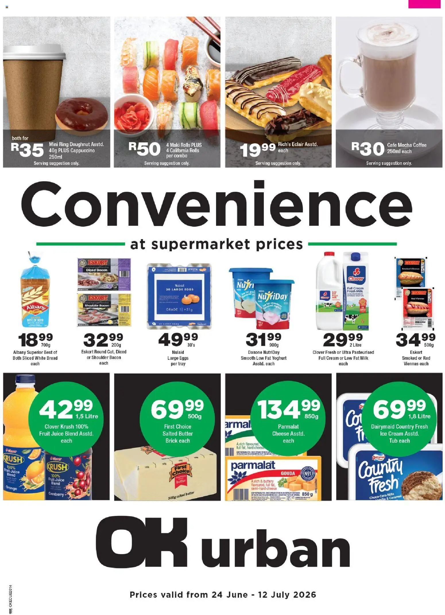 New OK Foods catalogue – valid from 24/06/2026 | Page: 1 | Products: Yoghurt, Coffee, Ice cream, Bacon