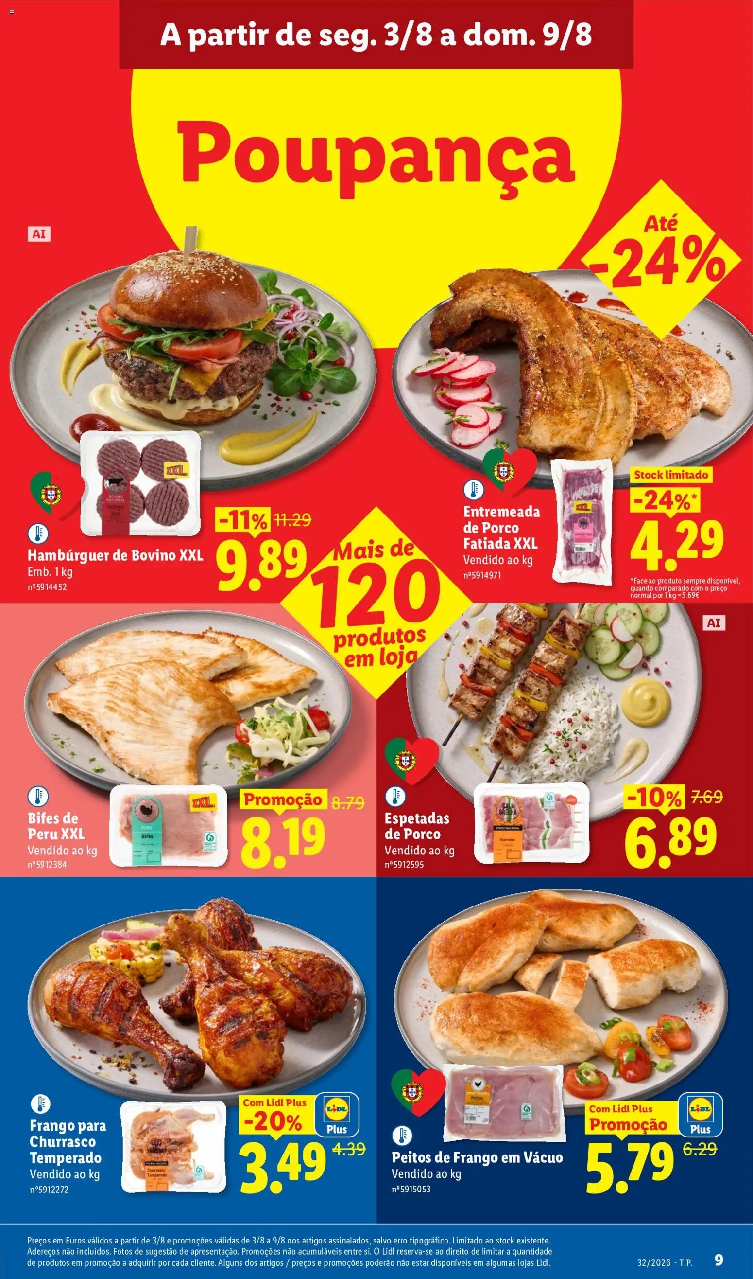 Lidl folheto │ válido de 03/08/2026 | Página: 9 | Produtos: Frango, Peru, Hambúrguer