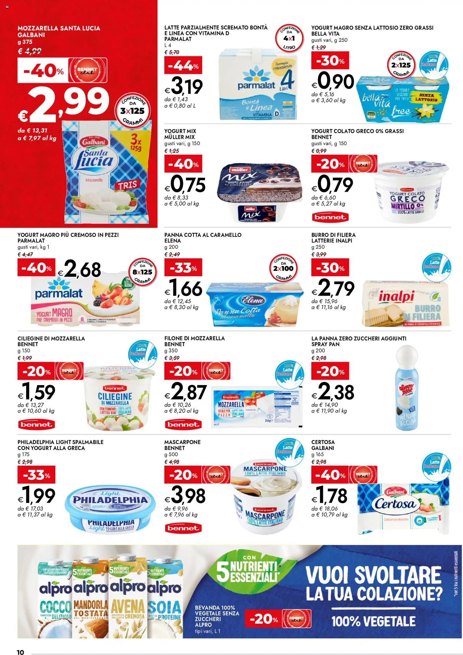 Volantino bennet del 07.05.2026 | Pagina: 10 | Prodotti: Panna, Mozzarella, Cocco, Latte parzialmente scremato