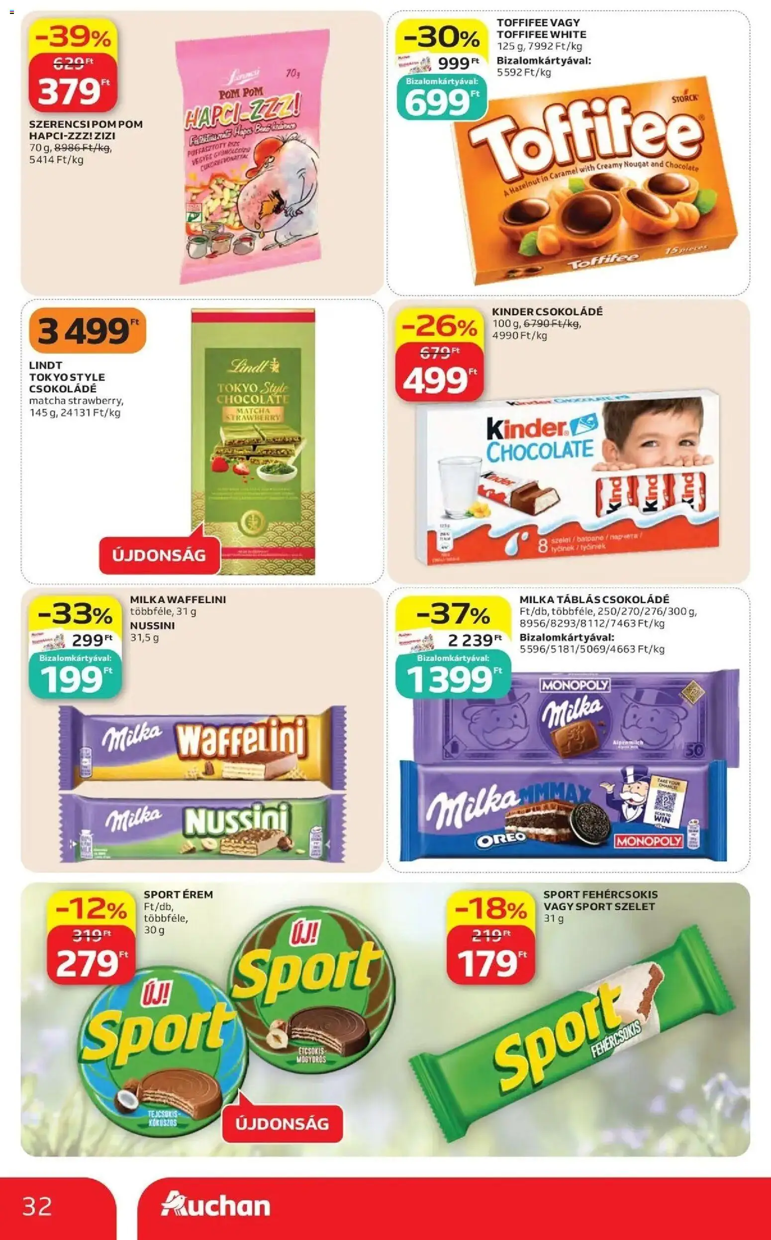 Auchan akciós ujság - amely érvényes a következő dátumtól: 14.05.2026 | Oldal: 32 | Termékek: Waffelini, Toffifee, Csokoládé