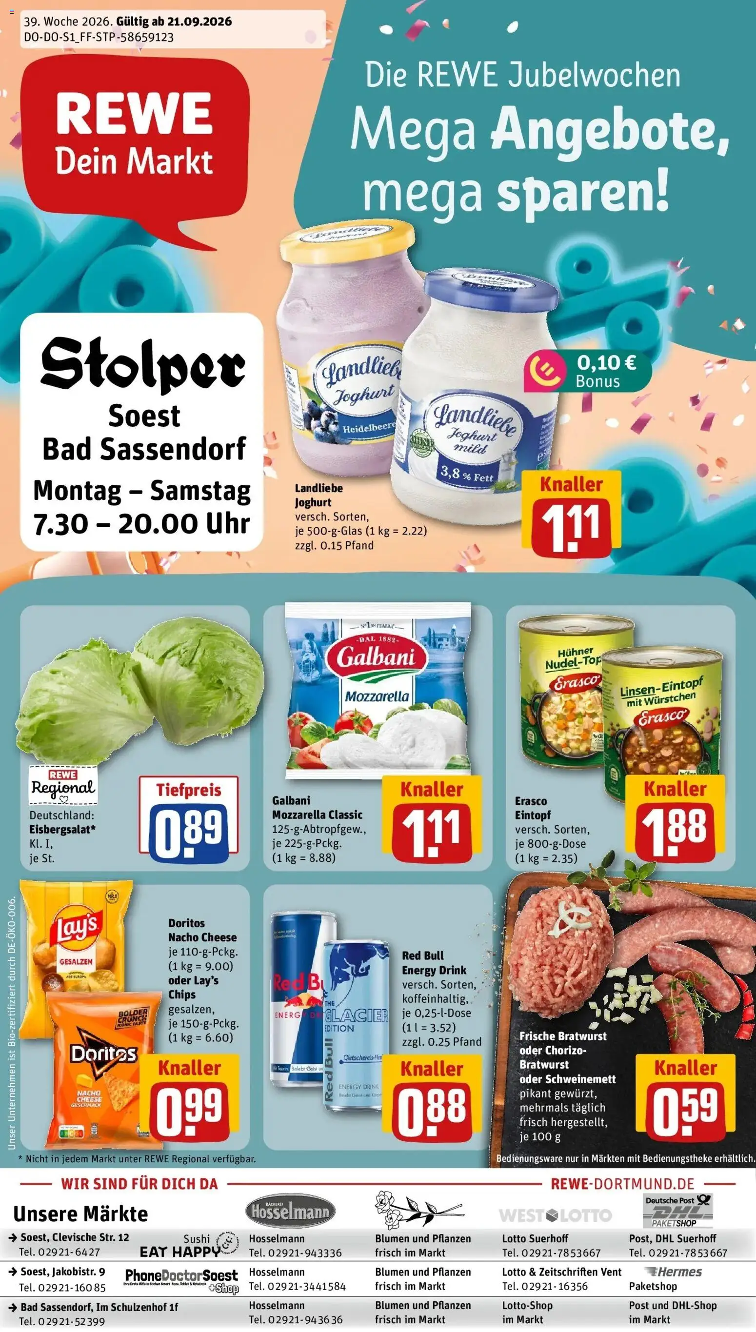 REWE Prospekt ab 21.09.2026 zum Blättern » Angebote | Seite: 1 | Produkte: Mozzarella, Bad, Bratwurst, Erasco