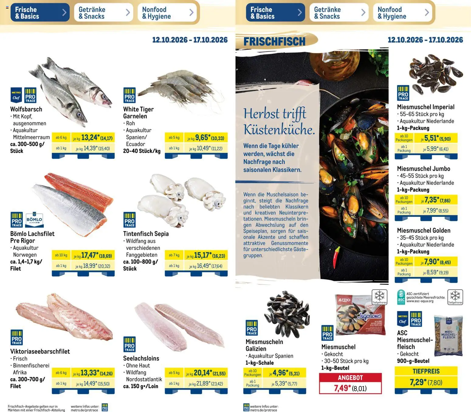 Metro Prospekt – gültig ab 12.10.2026 | Seite: 4 | Produkte: Garnelen, Tintenfisch, Fleisch