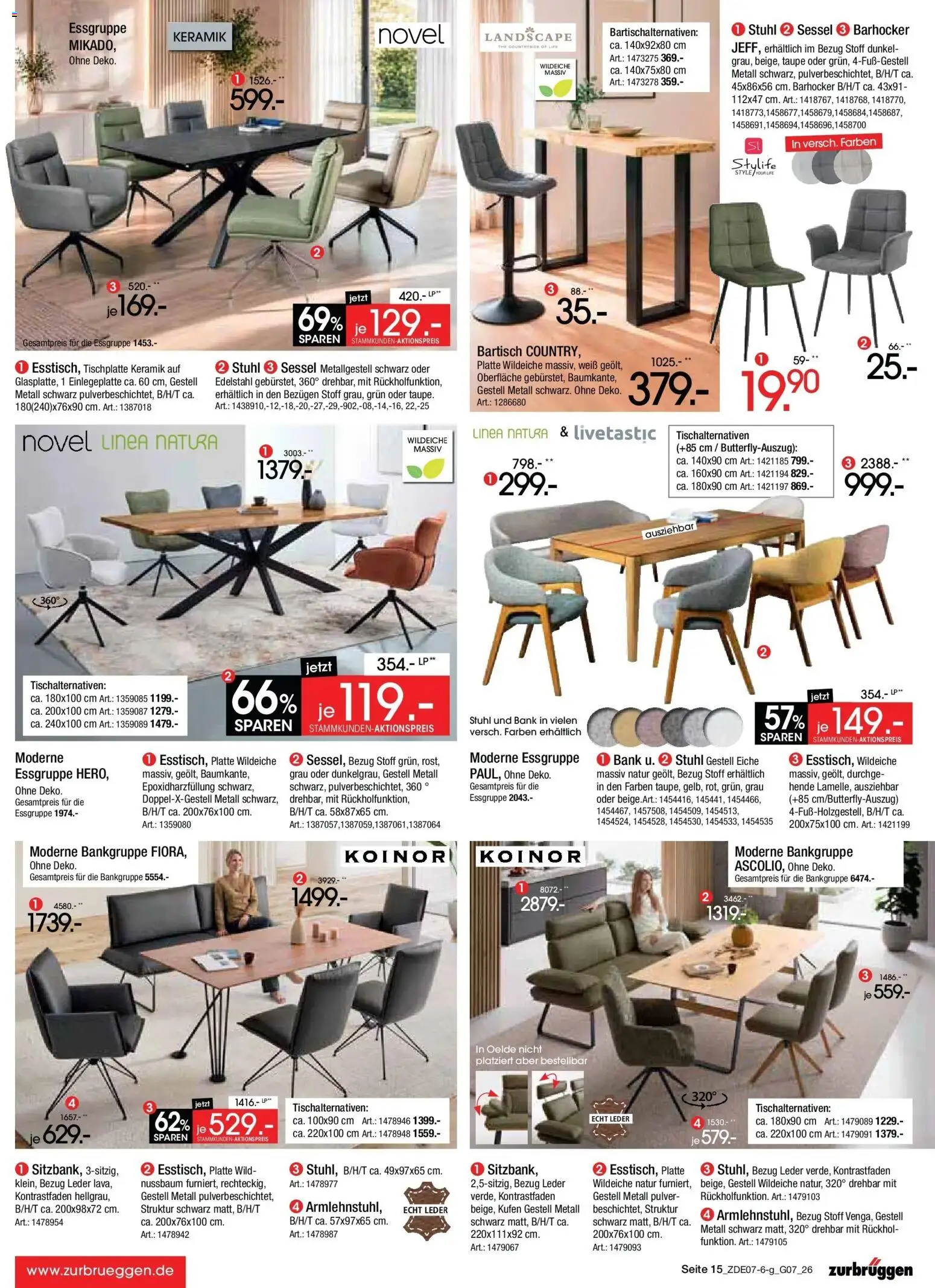 Zurbrüggen Sonderverkauf – gültig ab 09.07.2026 | Seite: 15 | Produkte: Essgruppe, Bartisch, Sessel, Stuhl