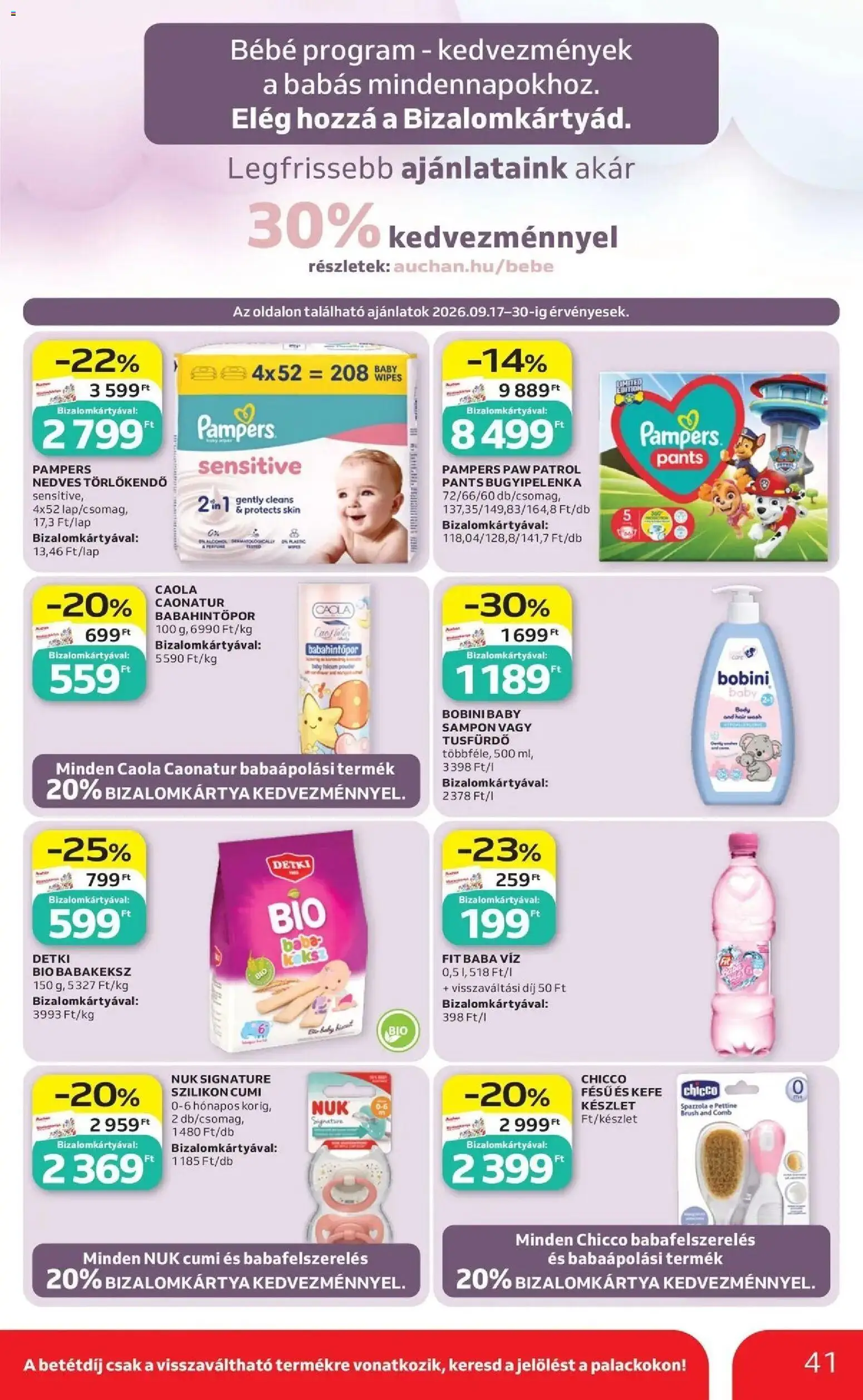 Auchan akciós újság Szolnok - 2026.09.17. -tól/töl > akció, lapozható szórólap 🛍️ | Oldal: 41 | Termékek: Pampers, Baba víz, Törlőkendő, Bugyipelenka