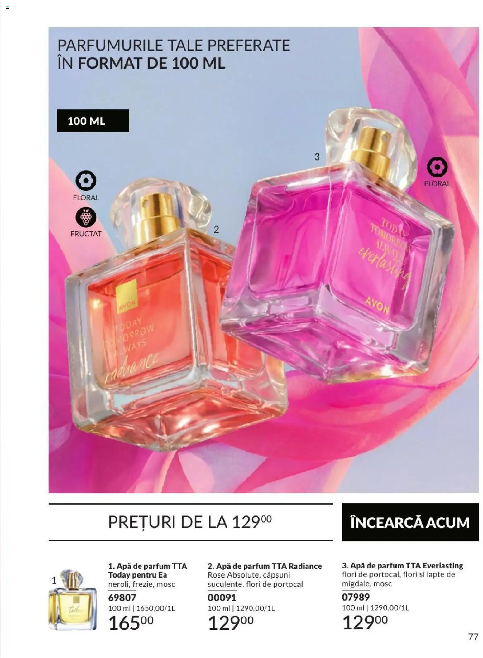 Noul catalog Avon – valabil de la 01.09.2026 | Pagină: 77 | Produse: Parfum, Lapte, Căpșuni, Flori