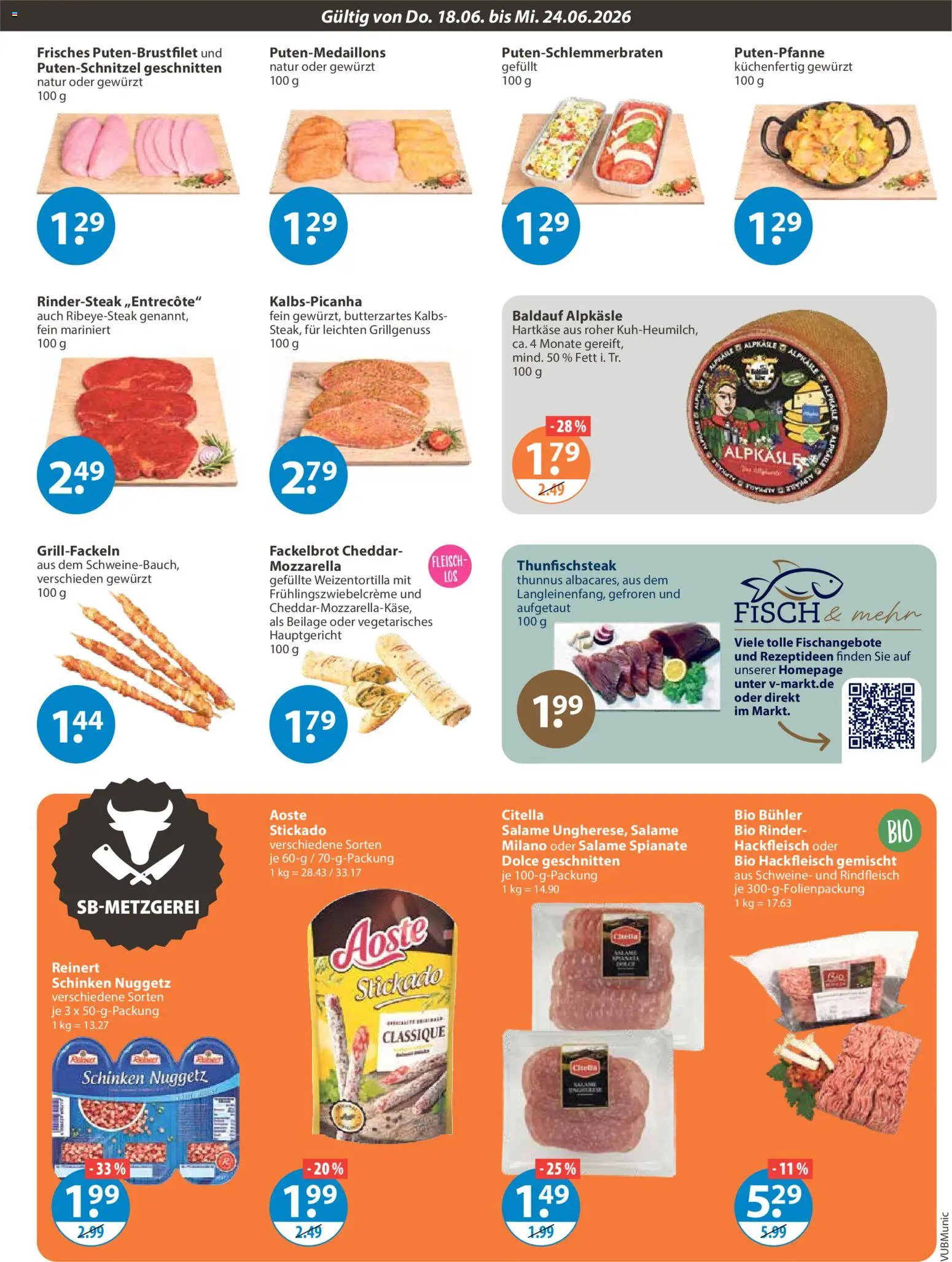 V-Markt München – gültig ab 18.06.2026 | Seite: 3 | Produkte: Mozzarella, Putenschnitzel, Schinken, Fleisch