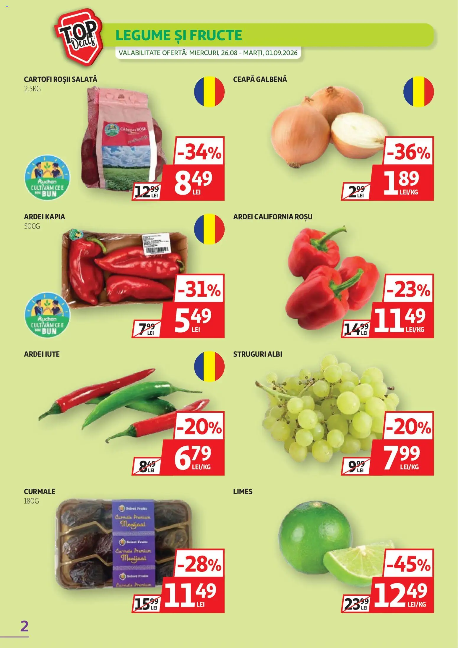 Noul catalog Auchan – valabil de la 26.08.2026 | Pagină: 2 | Produse: Ardei iute, Salată, Cartofi, Fructe