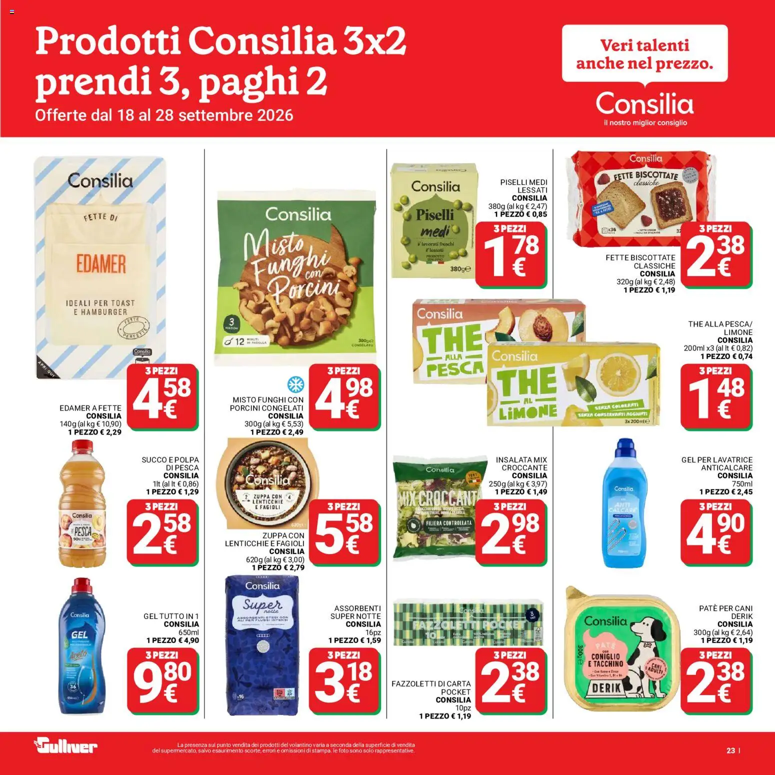 Volantino Gulliver del 18/09/2026 | Pagina: 23 | Prodotti: Succo, Tacchino, Pesca, Paté per cani