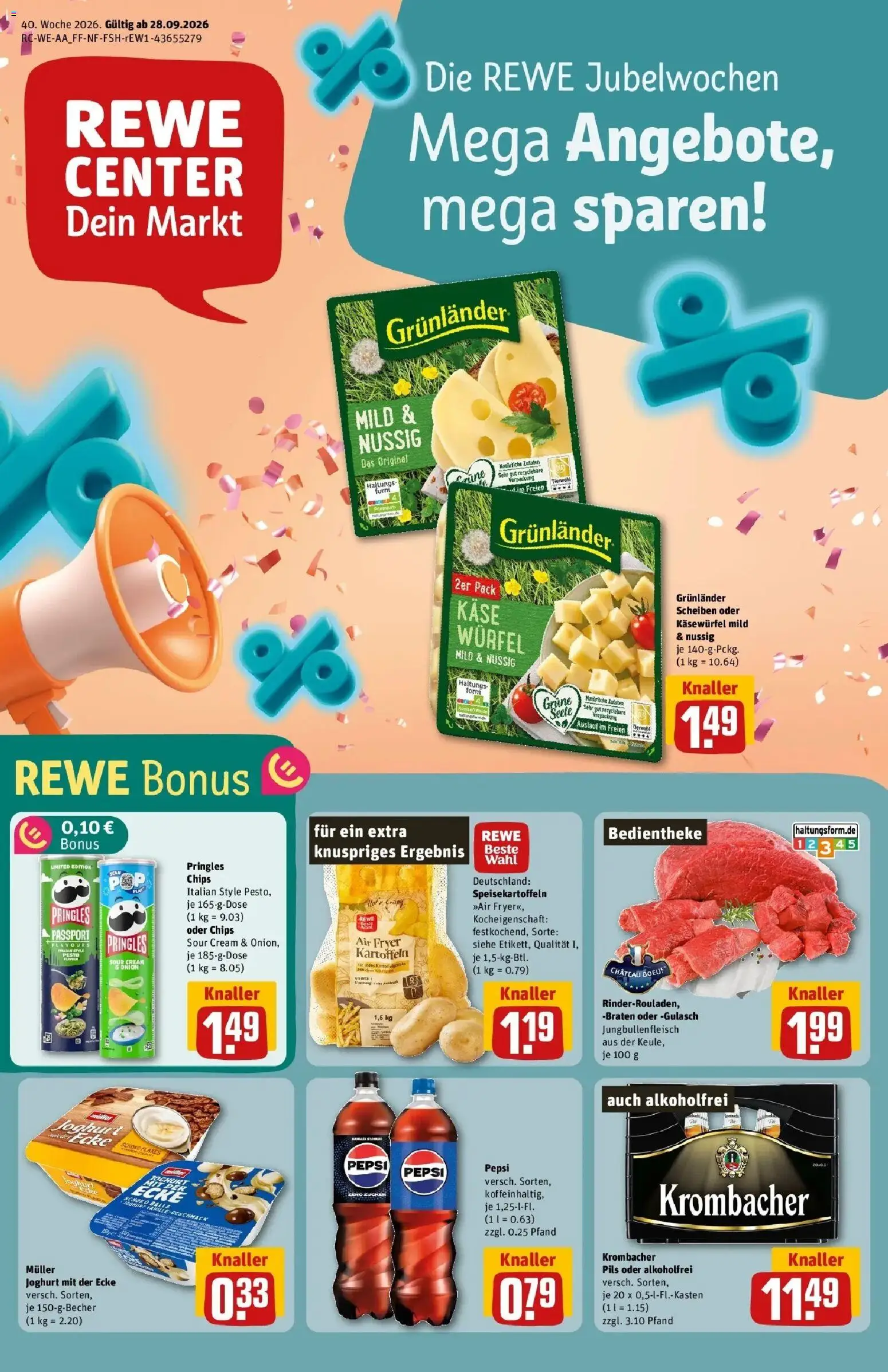 REWE Prospekt ab 28.09.2026 zum Blättern » Angebote | Seite: 1 | Produkte: Joghurt, Gulasch, Krombacher, Pringles