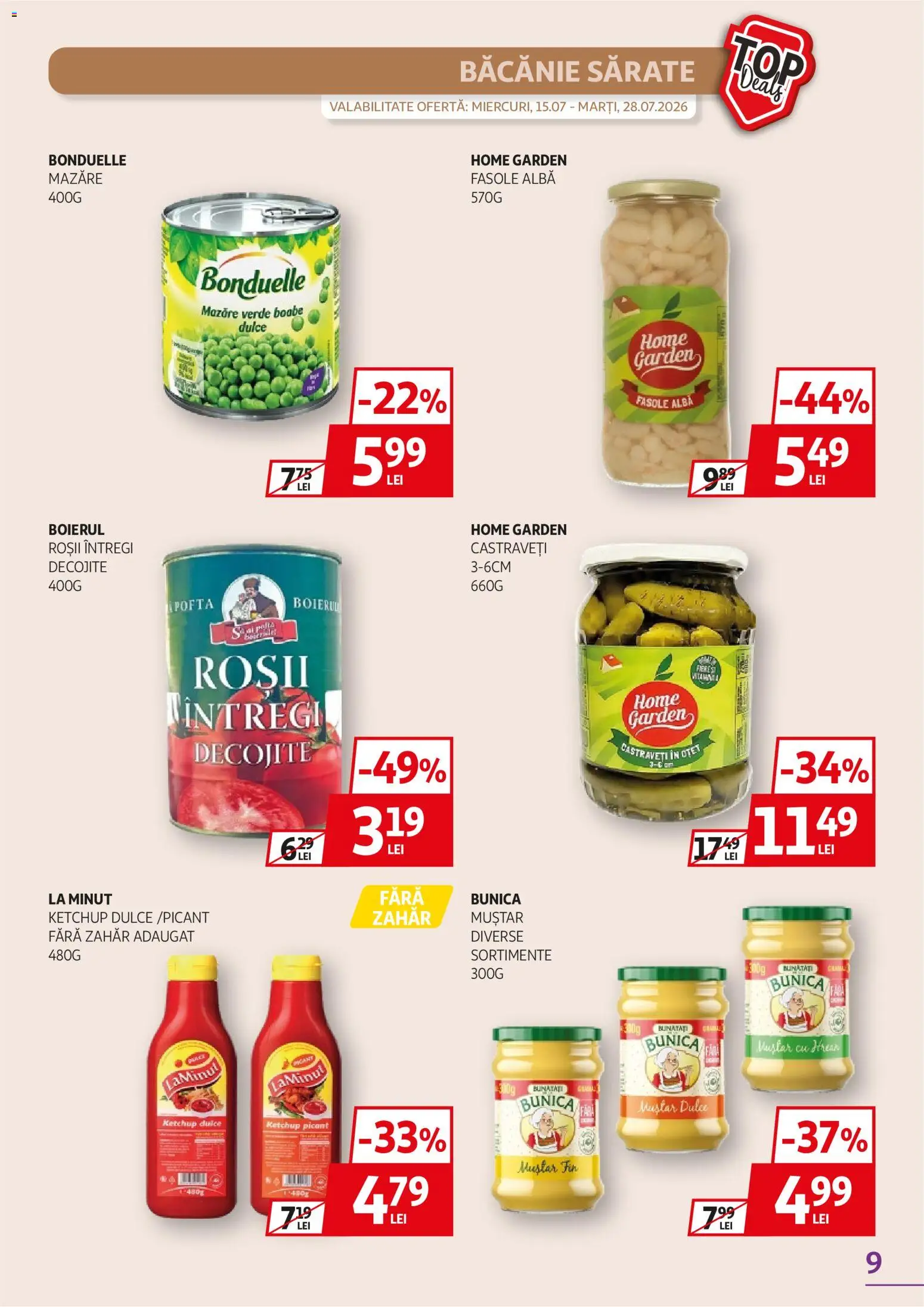 Noul catalog Auchan – valabil de la 15.07.2026 | Pagină: 9 | Produse: Mazăre, Ketchup, Castraveți, Fasole albă