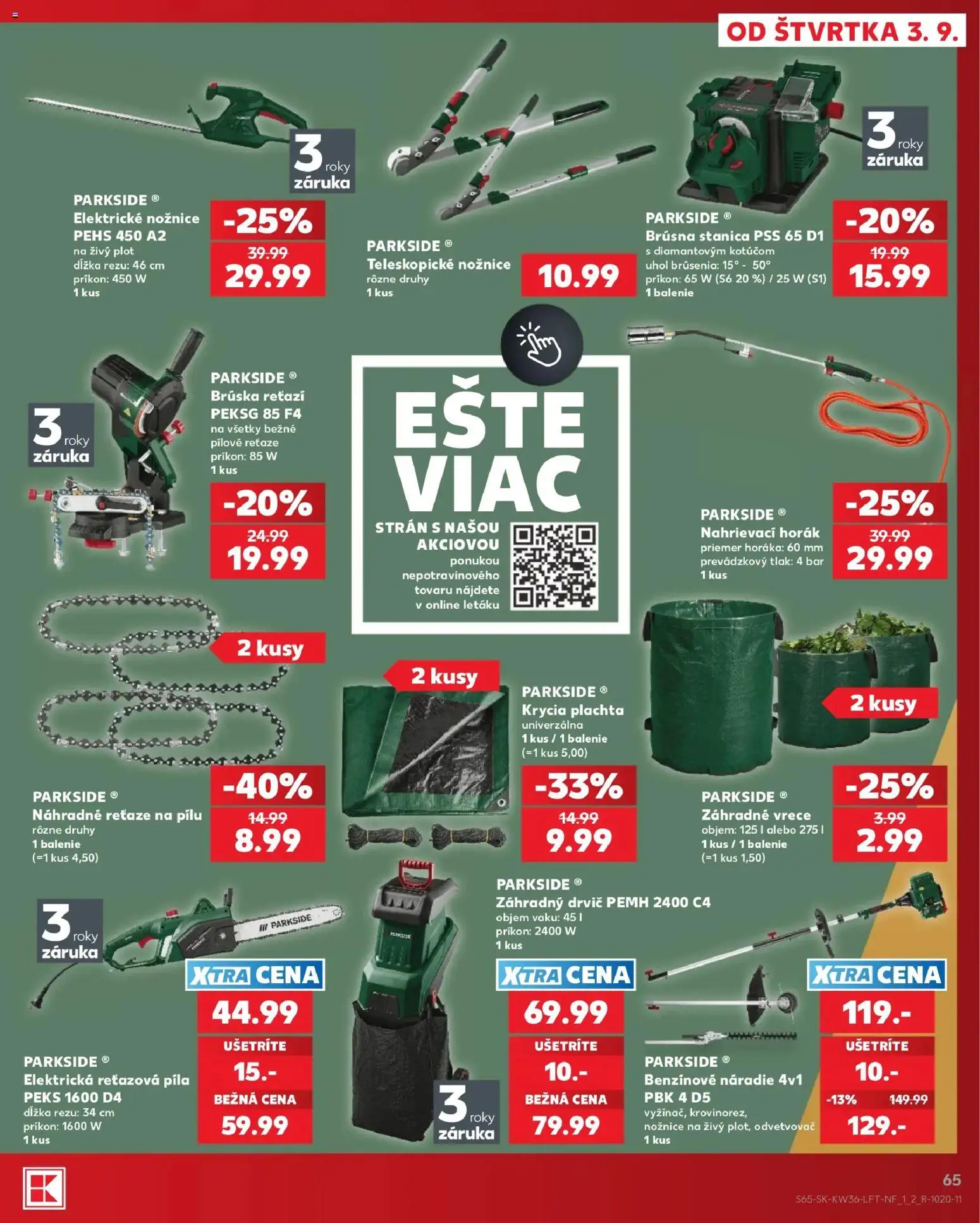 Nové Kaufland akcie – leták je platný od 03.09.2026 | Strana: 65 | Produkty: Elektrická reťazová píla, Plachta, Reťazová píla, Píla