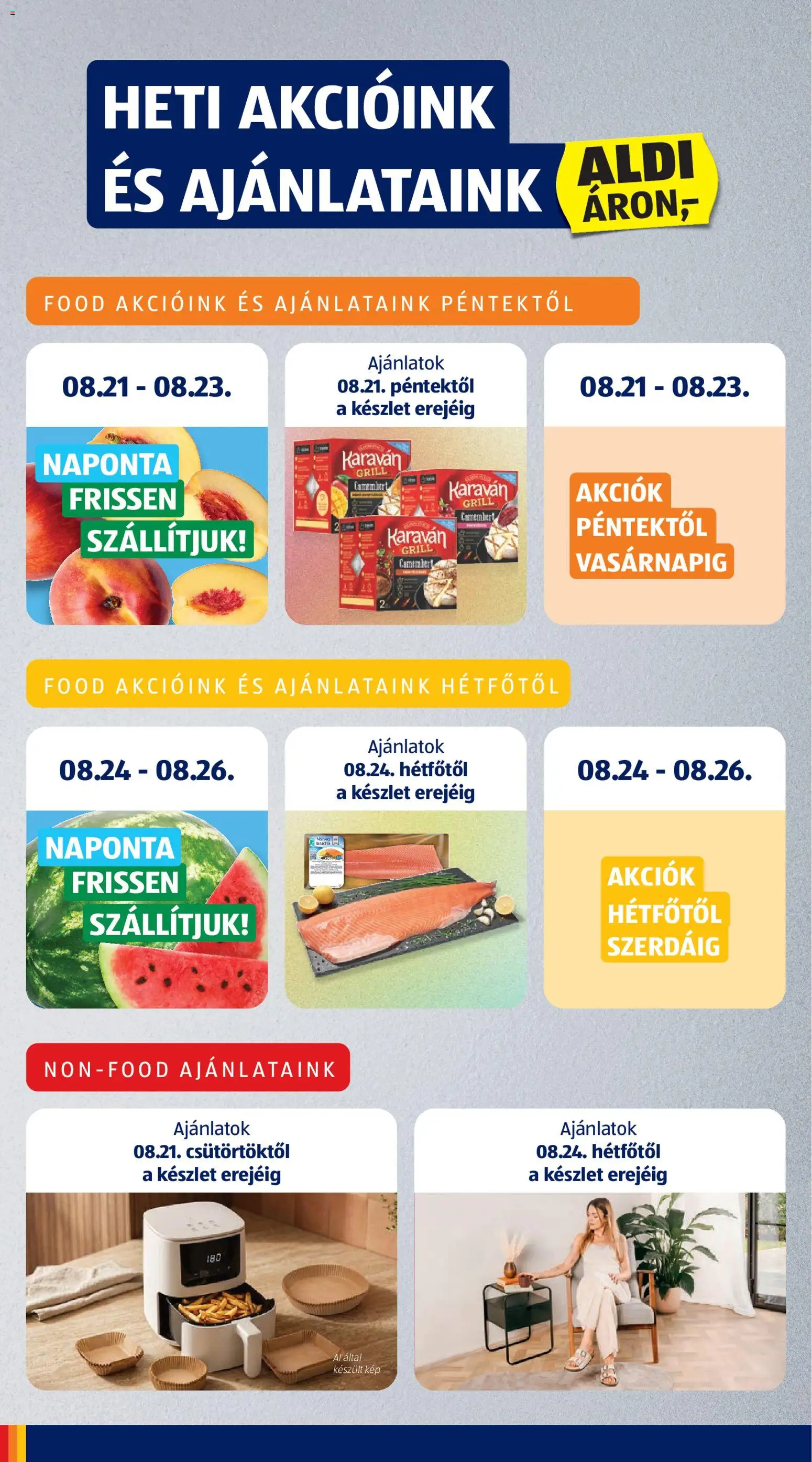 Aldi akciós ujság - amely érvényes a következő dátumtól: 2026.08.21. | Oldal: 6 | Termékek: Grill, Lazacfilé, Camembert