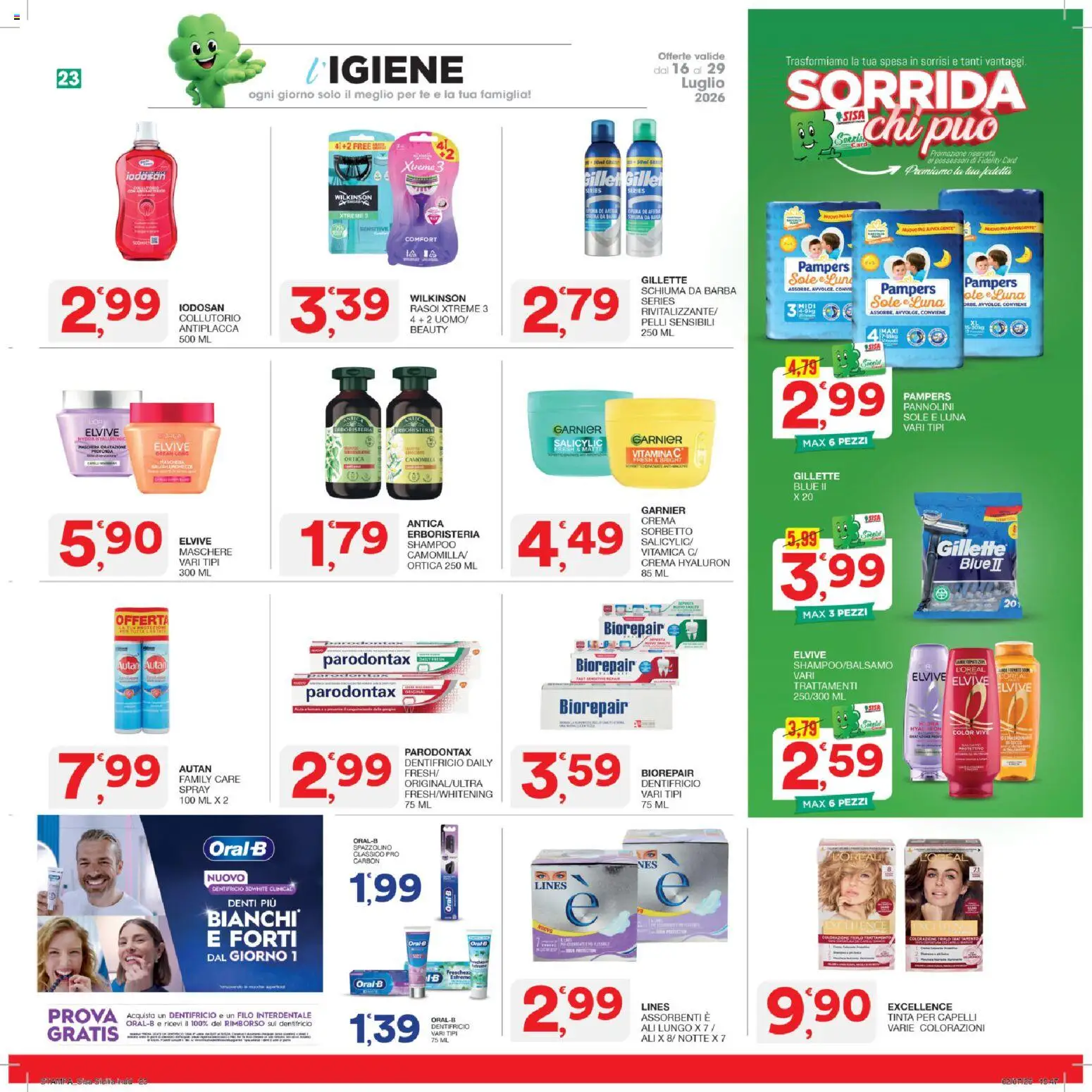 Volantino SISA del 16/07/2026 | Pagina: 23 | Prodotti: Schiuma da barba, Dentifricio, Sorbetto, Pampers