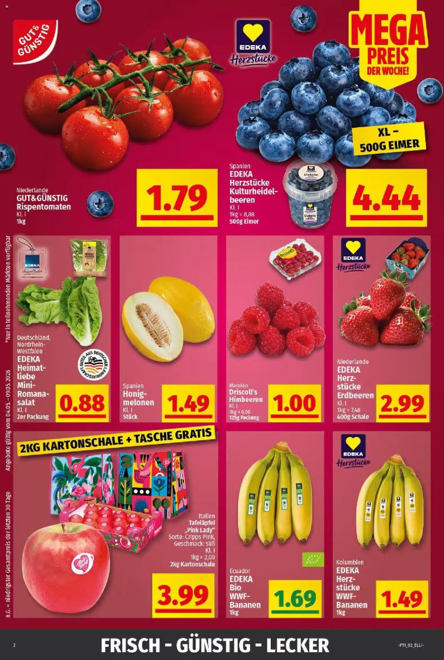 Elli Markt Prospekt Gütersloh – gültig ab 04.05.2026 | Seite: 2 | Produkte: Himbeeren, Tasche, Erdbeeren, Salat
