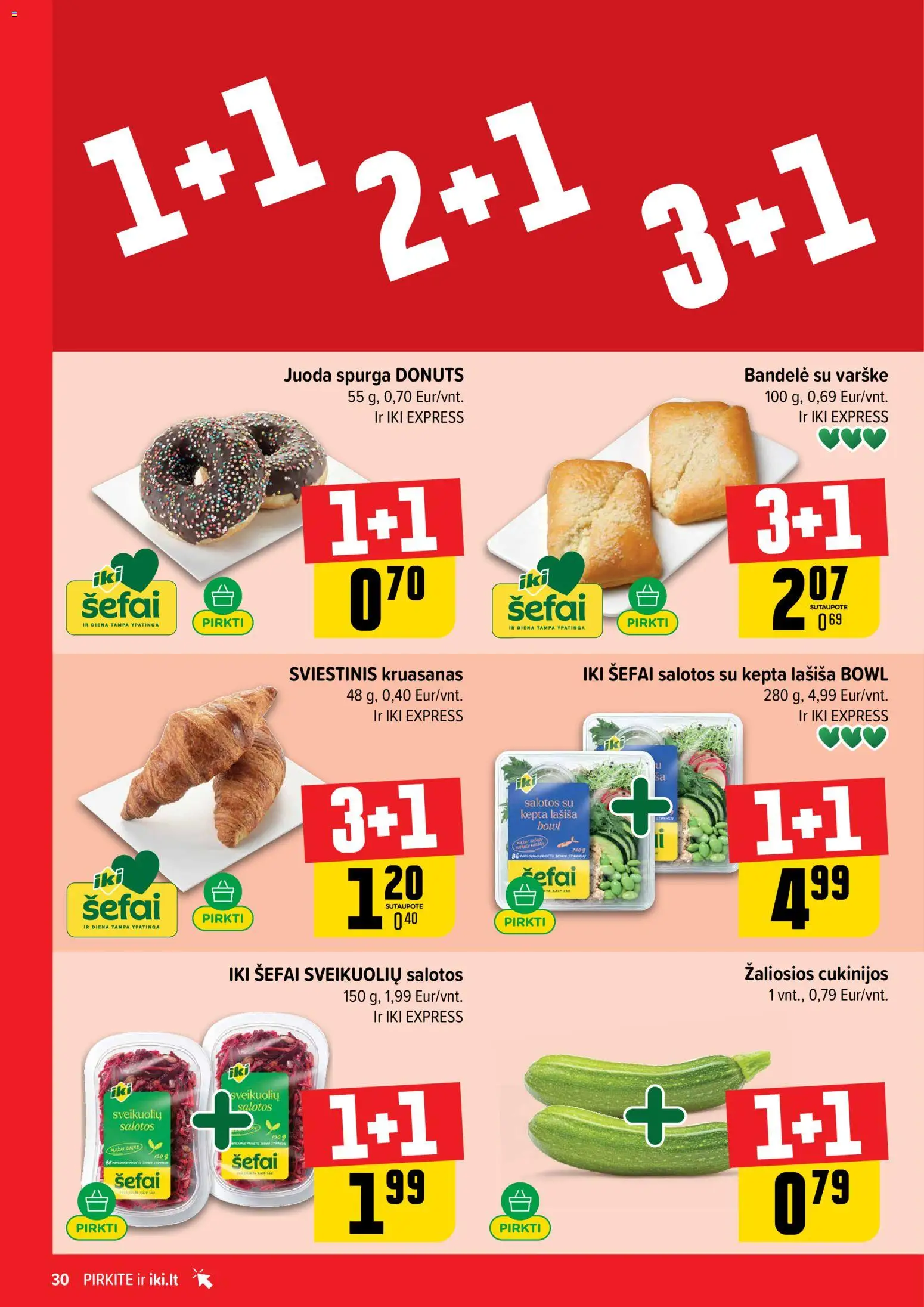 IKI akcijos nuo 2026.07.20 | Puslapis: 30 | Prekių: Salotos, Spurga, Bandelė, Varškė