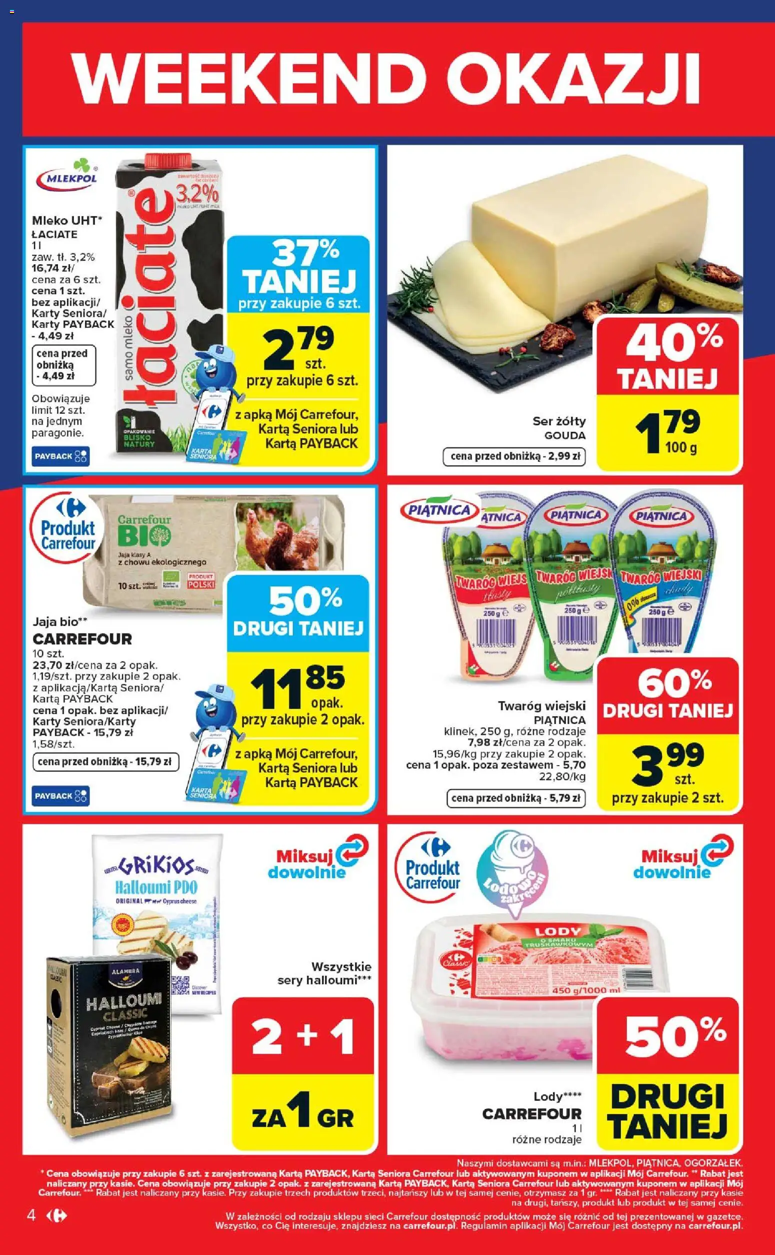 Carrefour gazetka - Weekend okazji od 14.05.2026 | Strona: 4 | Produkty: Karta, Mleko, Twaróg, Lody