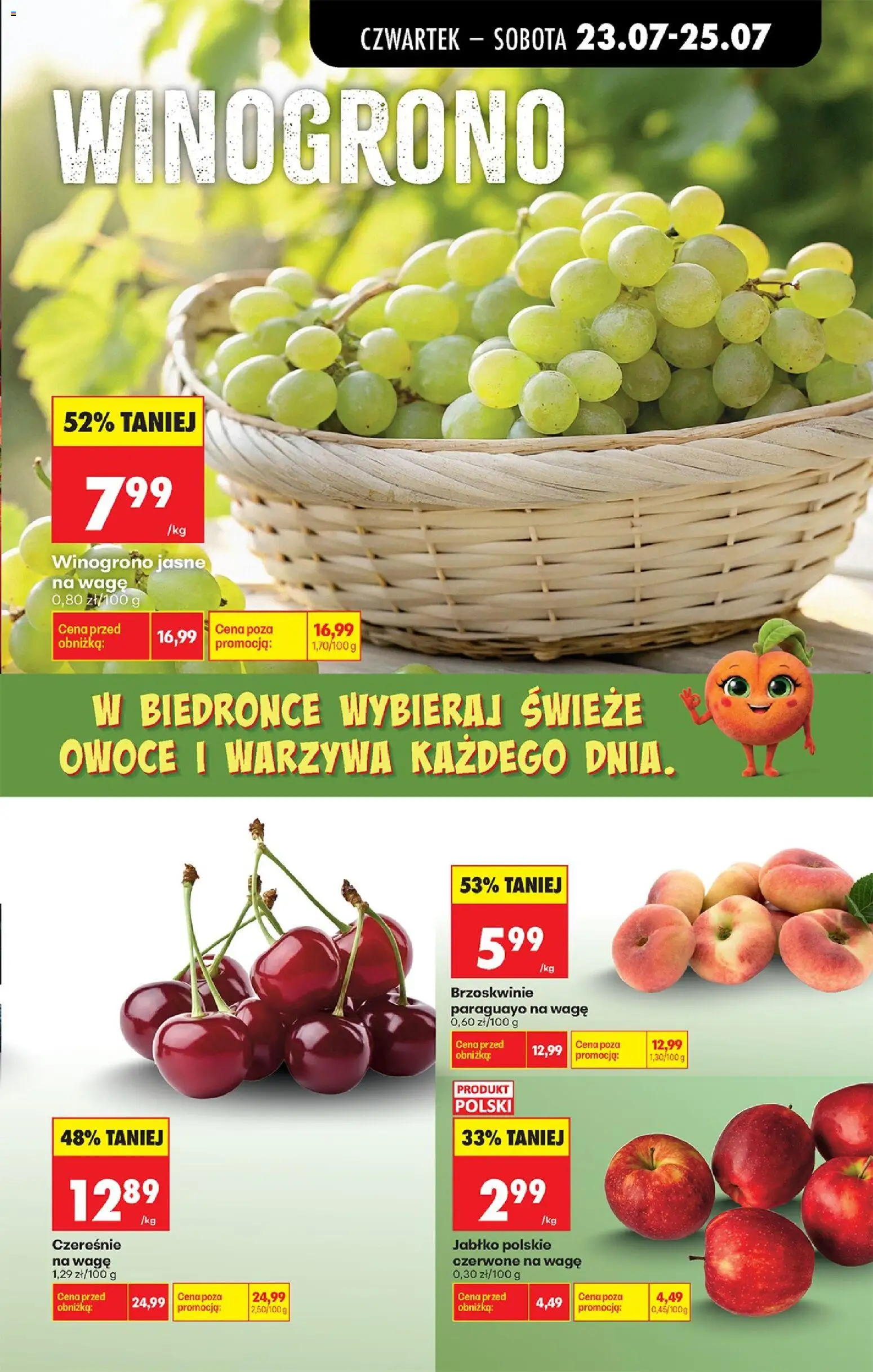 Biedronka gazetka od czwartku od 23.07.2026 | Strona: 39 | Produkty: Winogrono, Czereśnie, Brzoskwinie, Owoce