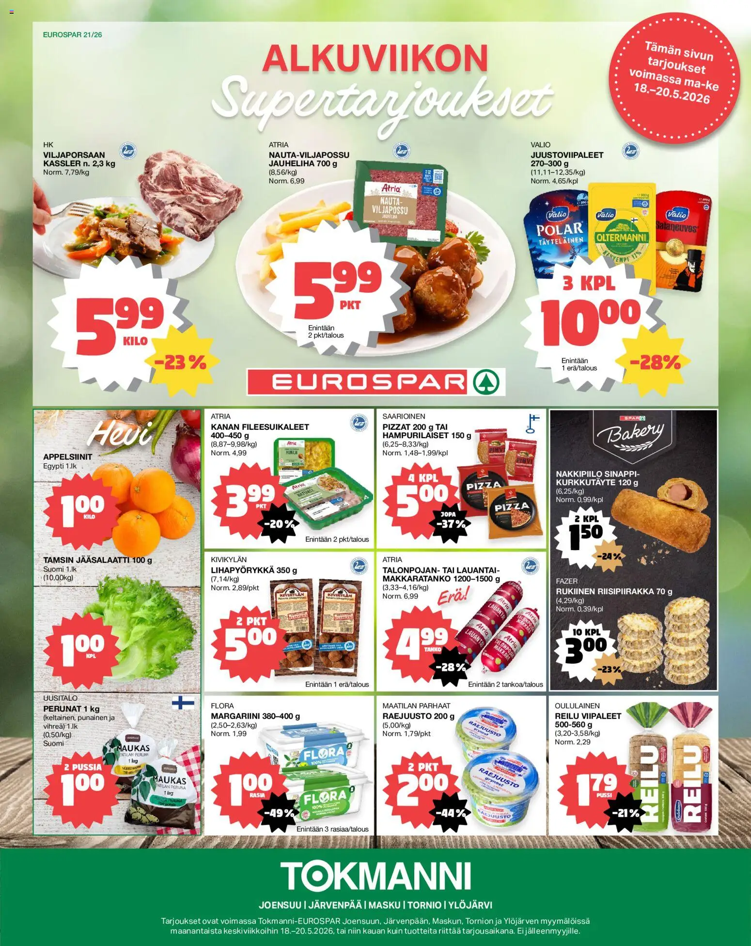 Tokmanni - EUROSPAR – voimassa 18.05.2026 alkaen | Sivu: 1 | Tuotteet: Margariini, Sinappi, Peruna, Pizza