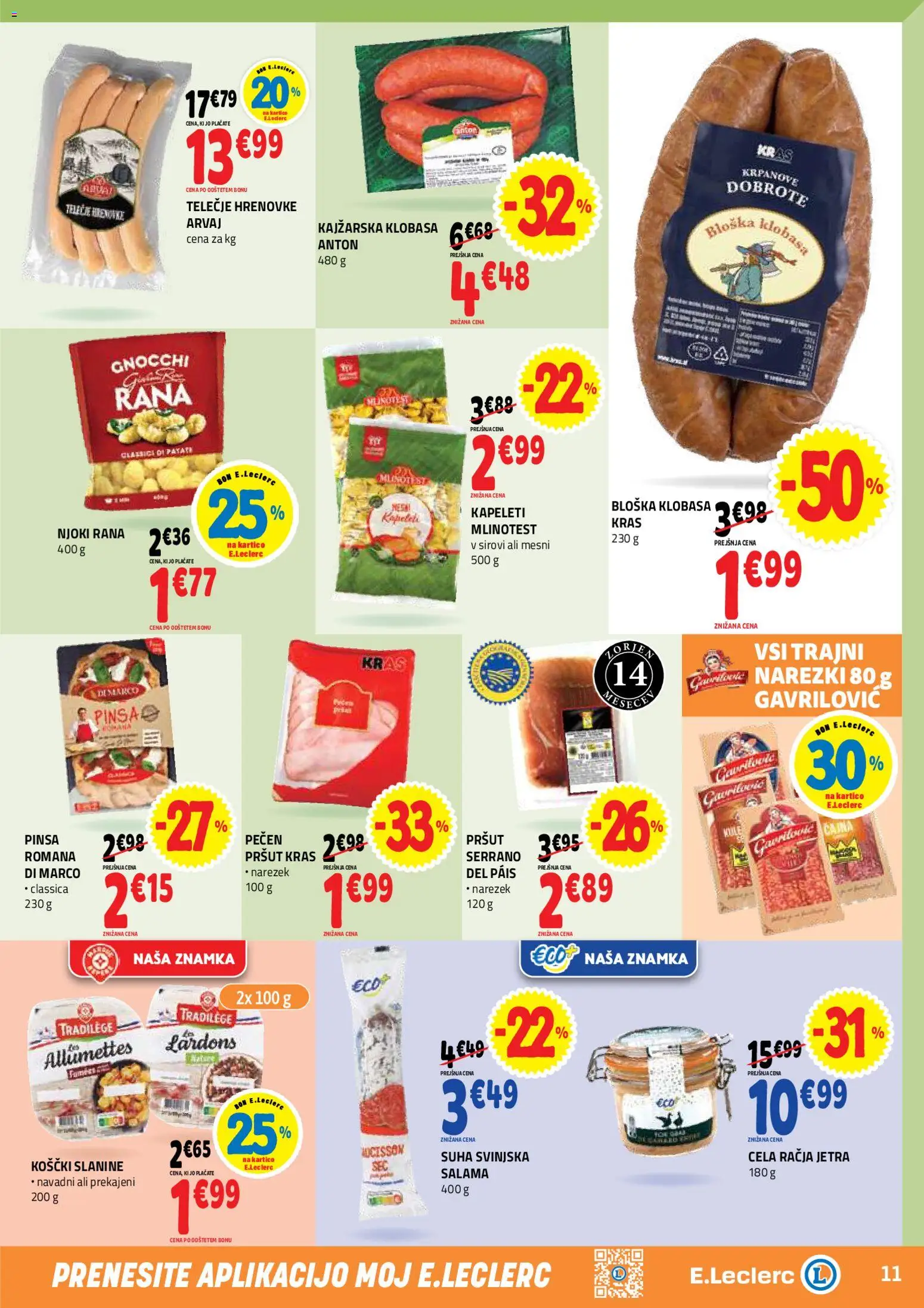 Novi E.leclerc katalog ponudbe – veljaven od 27.05.2026 | Stran: 11 | Izdelki: Hrenovke, Pršut, Narezek, Salama