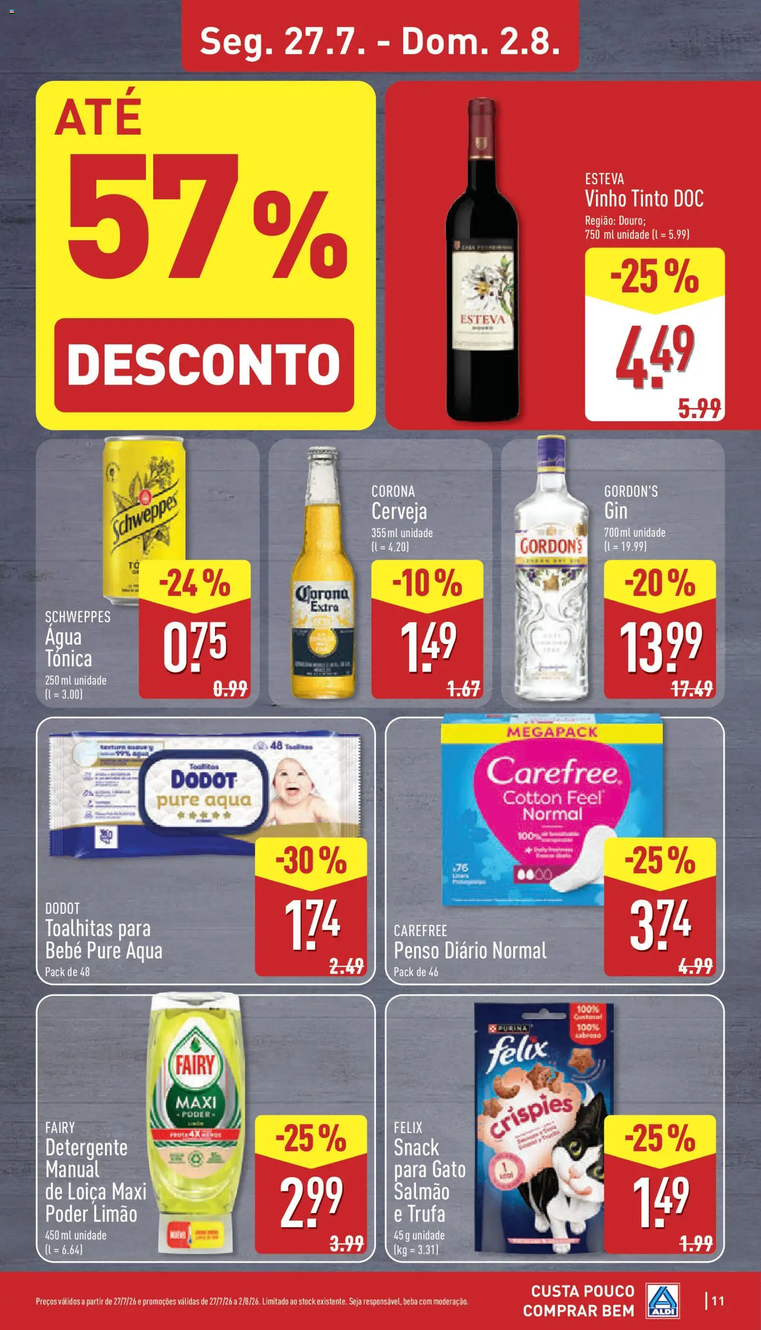 Aldi folheto │ válido de 27/07/2026 | Página: 11 | Produtos: Agua, Salmão, Gin, Vinho tinto