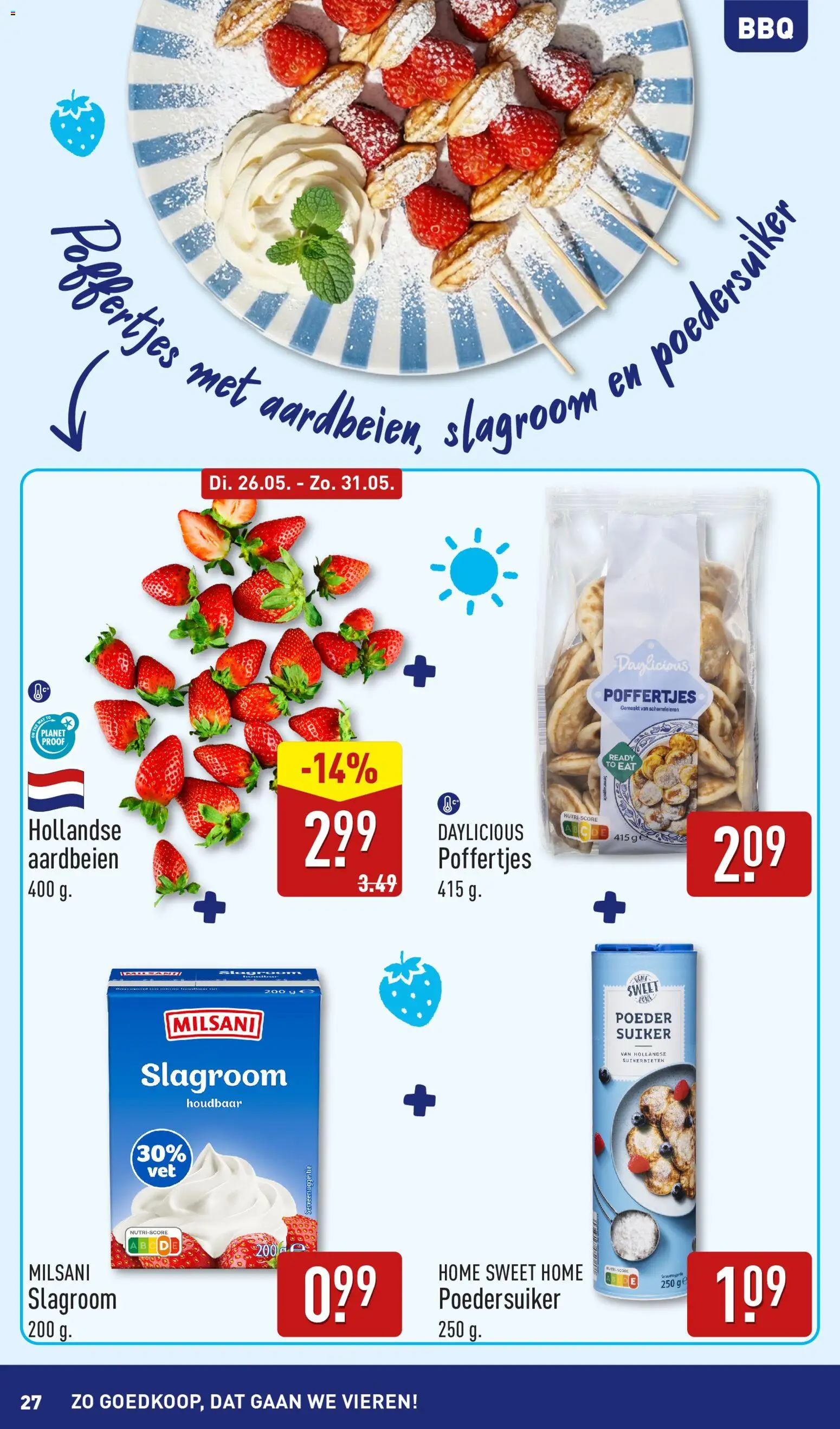 {H1} | Pagina: 27 | Producten: Waffelini, Aardbeien, Slagroom, Poeder