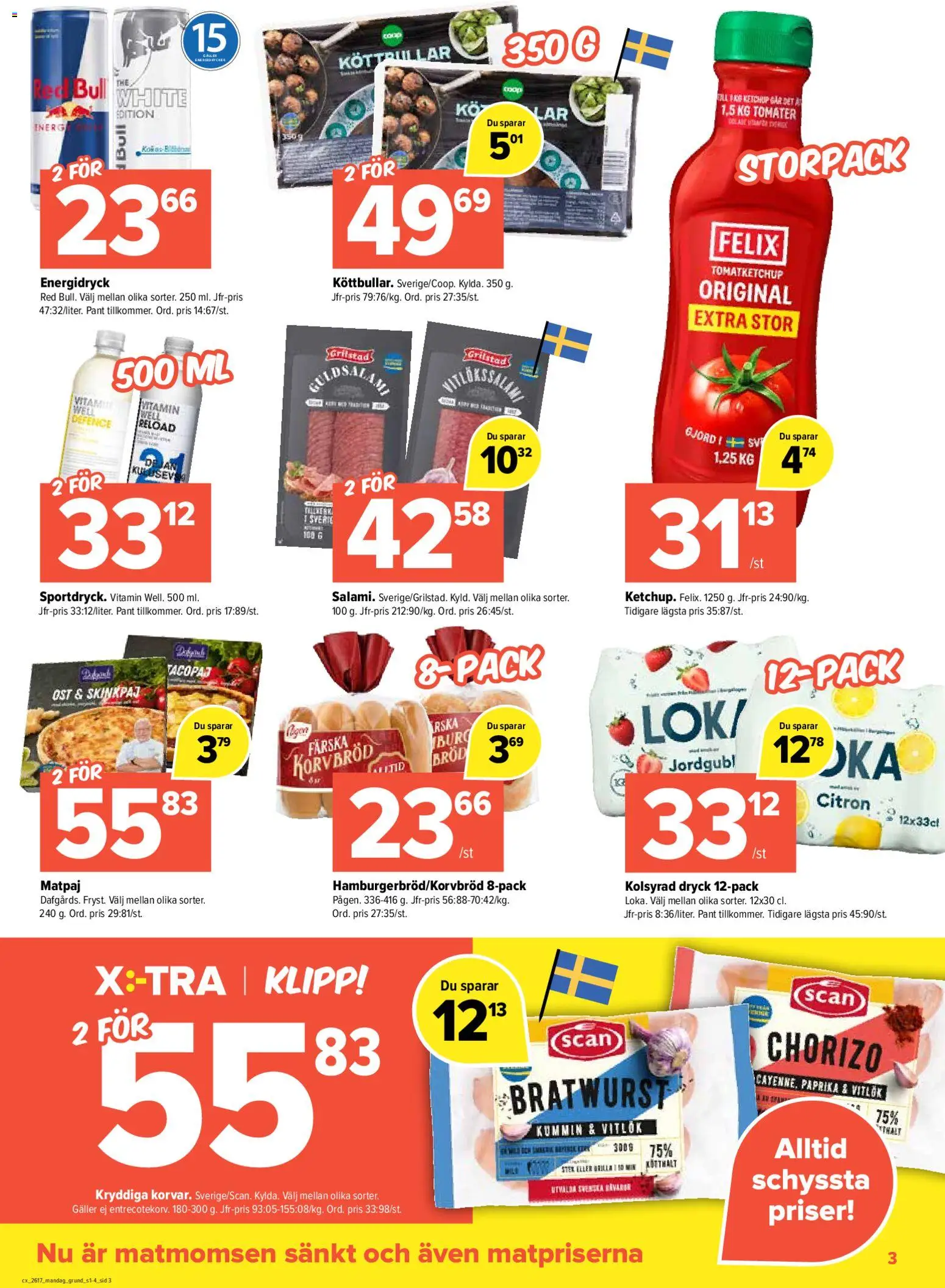 Coop X:-TRA reklamblad aktuell från 20.04.2026 | Sida: 3 | Produkter: Köttbullar, Korvbröd, Energidryck, Vitlök