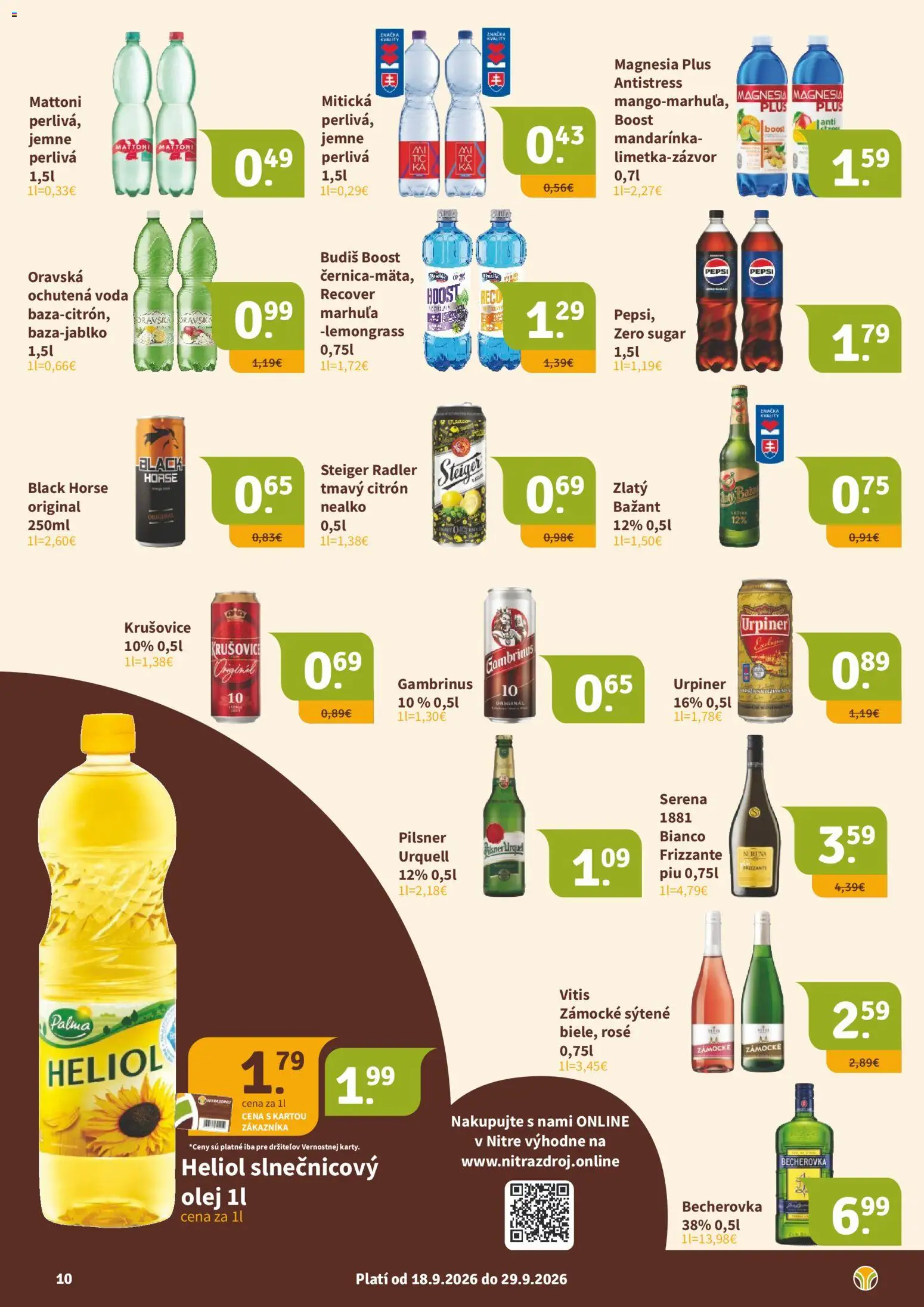 Nové Nitrazdroj akcie – leták je platný od 18.09.2026 | Strana: 10 | Produkty: Becherovka, Budiš, Krušovice, Voda