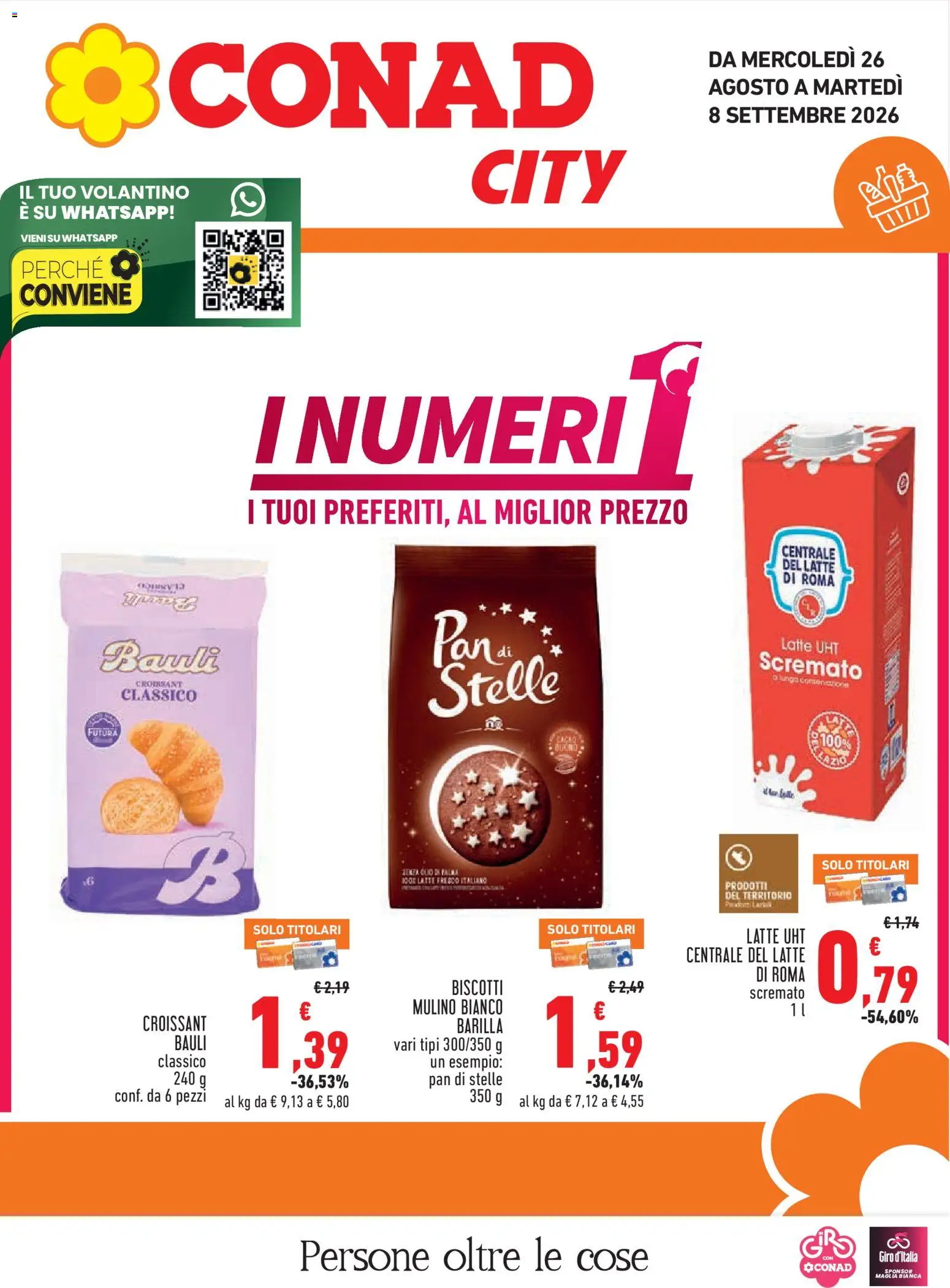 Volantino Conad del 26/08/2026 | Pagina: 1 | Prodotti: Biscotti, Latte, Barilla, Croissant