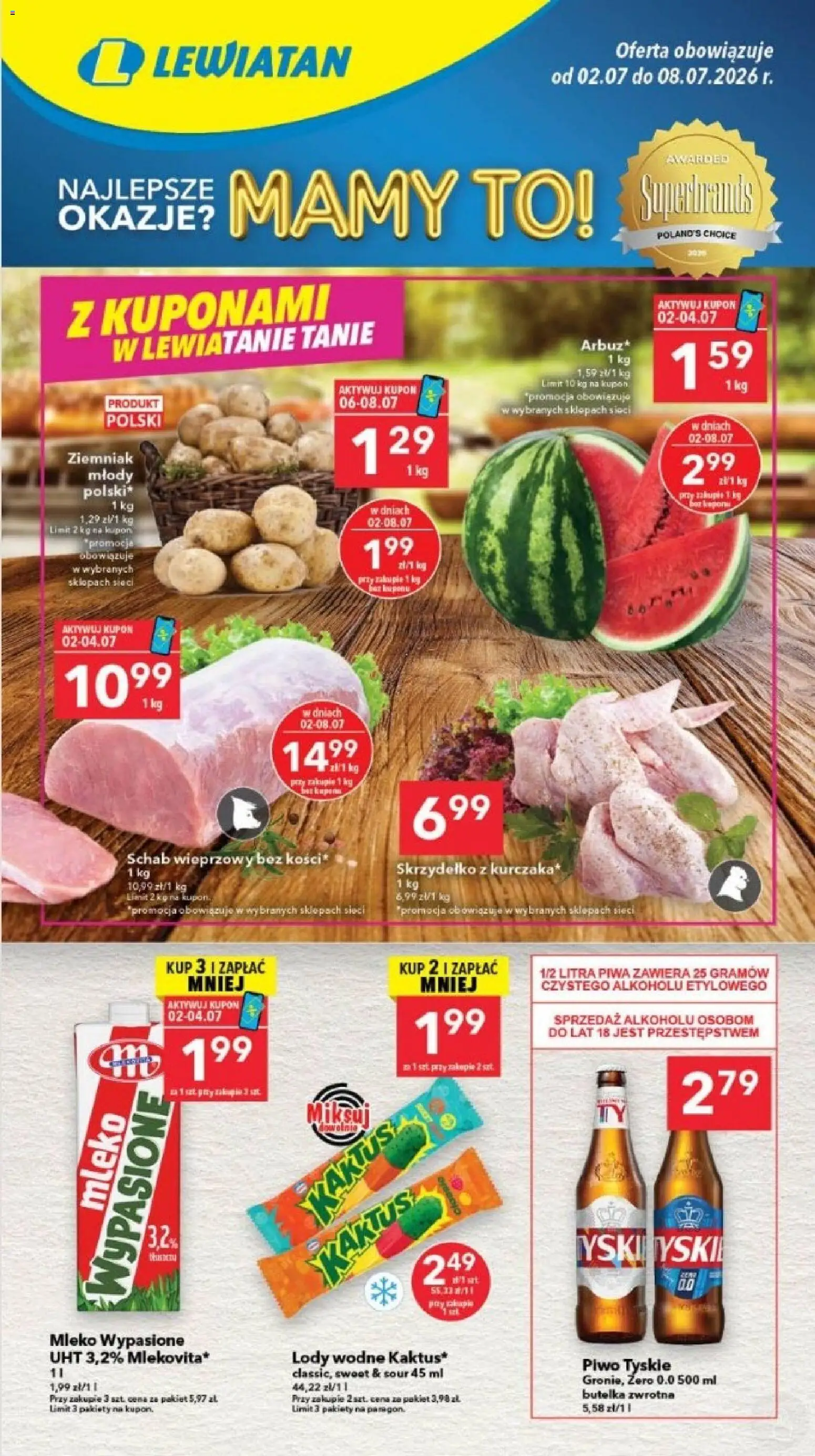 Lewiatan gazetka - Bydgoszcz od 02.07.2026 | Strona: 1 | Produkty: Mleko wypasione, Schab, Mleko, Piwo
