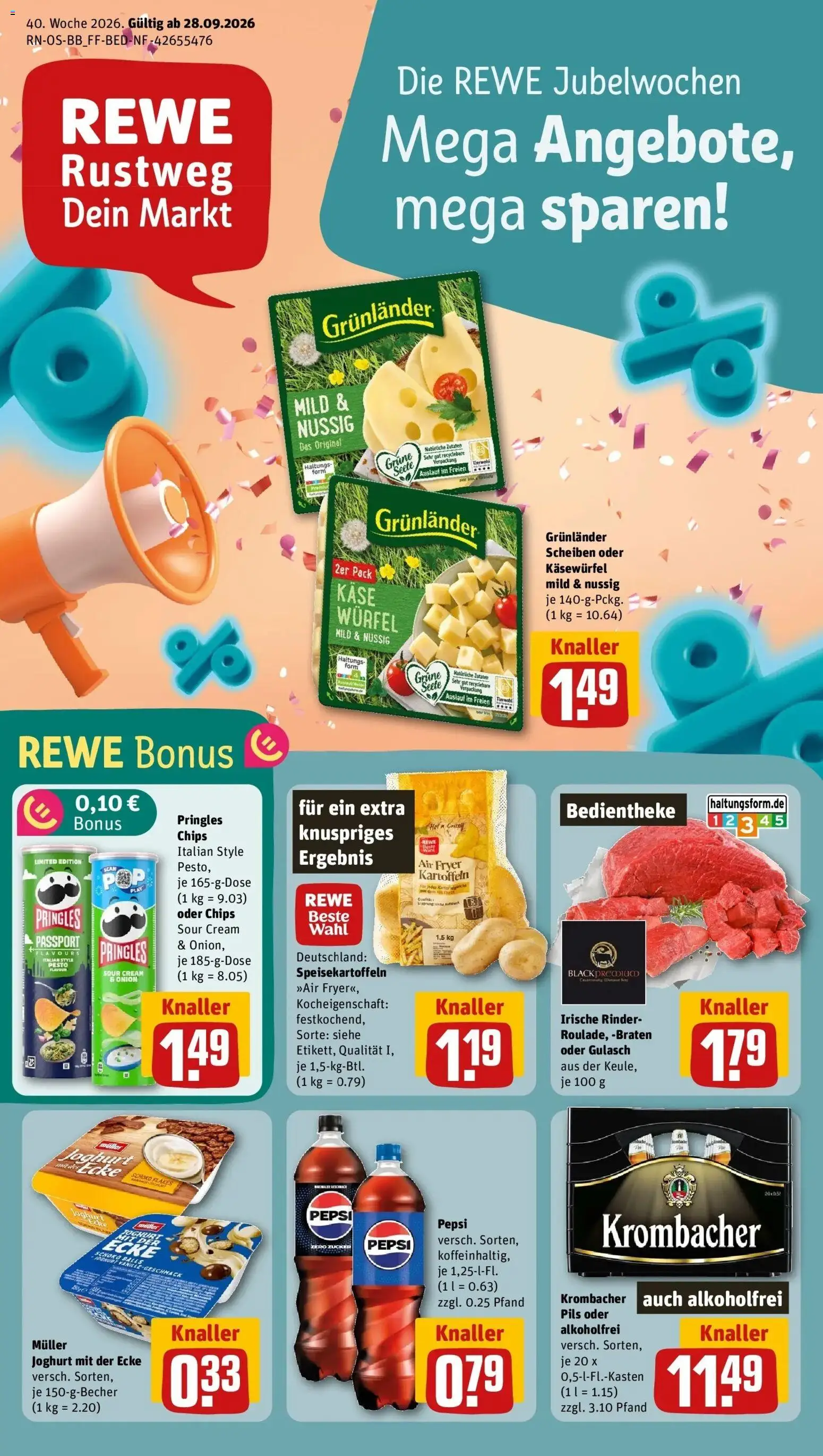 REWE Prospekt ab 28.09.2026 zum Blättern » Angebote | Seite: 1 | Produkte: Zucker, Krombacher, Pepsi, Pringles