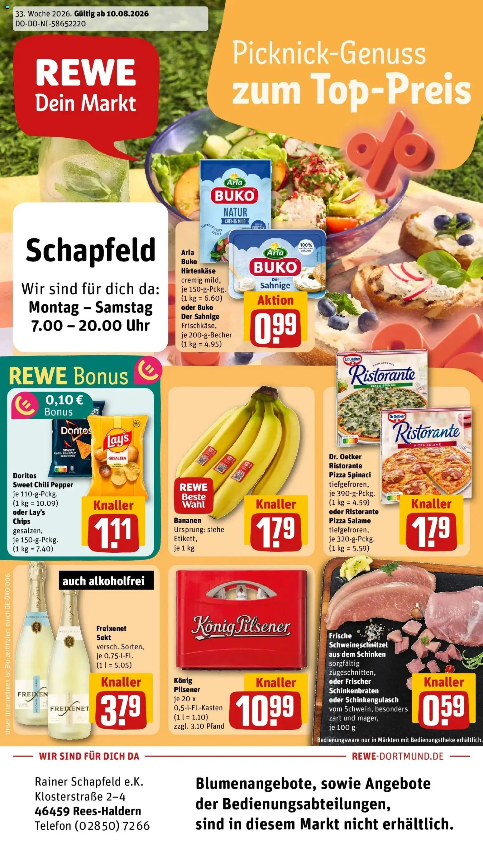 Rewe Prospekt Rees – gültig ab 10.08.2026 | Seite: 1 | Produkte: Ristorante, Bananen, Chili, Chips