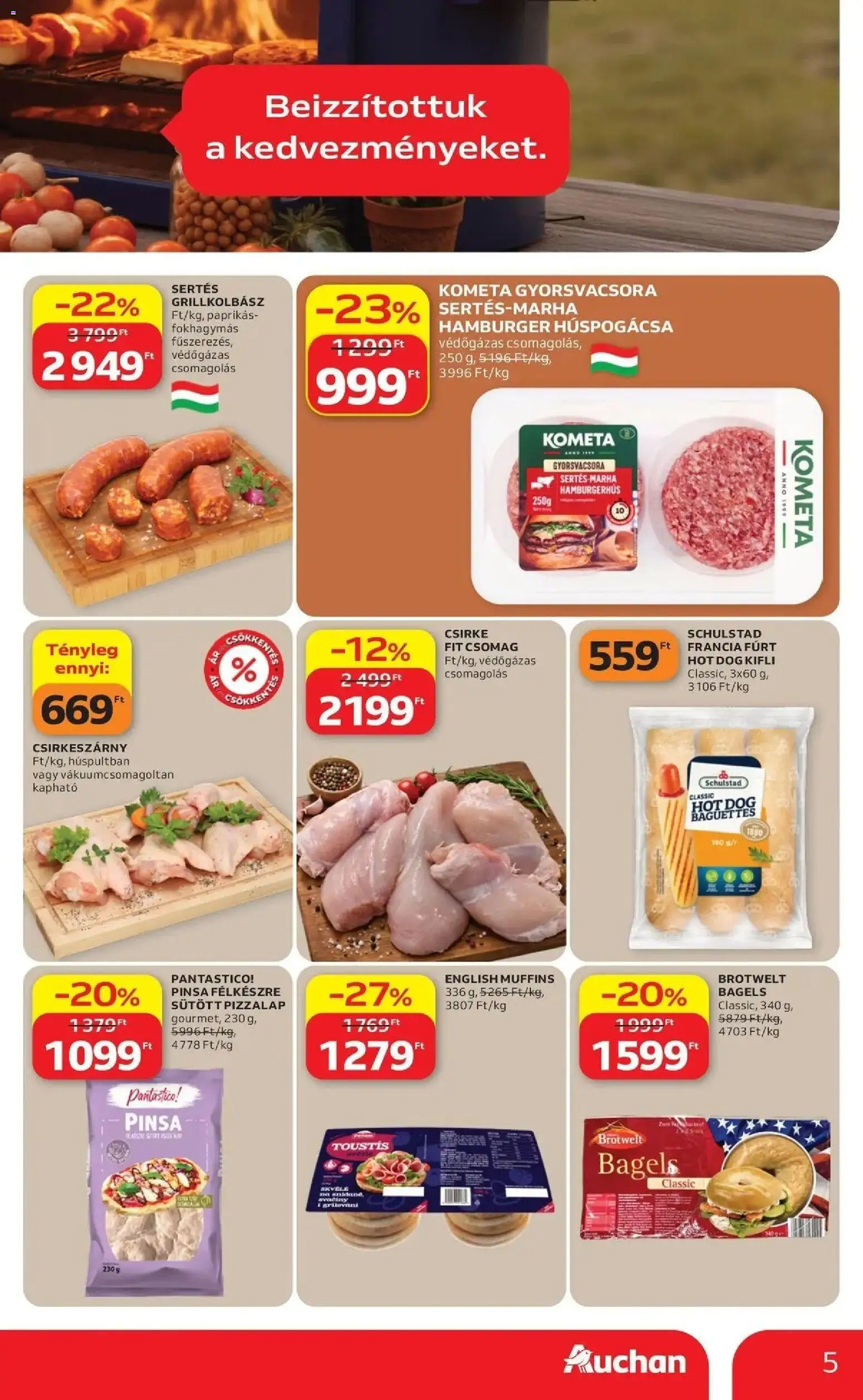 Auchan akciós ujság - amely érvényes a következő dátumtól: 09.04.2026 | Oldal: 5 | Termékek: Hot dog, Hamburger, Grillkolbász, Kifli