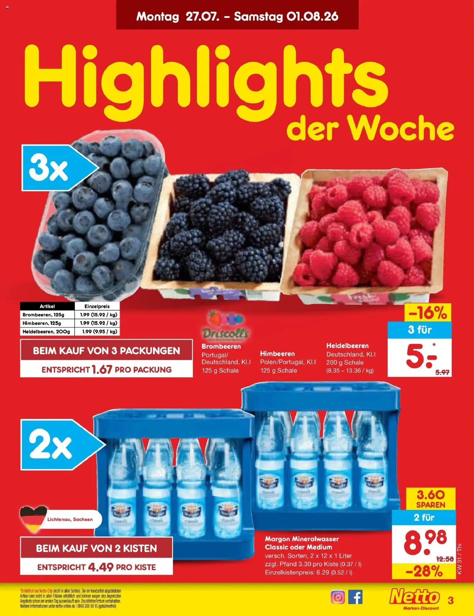 Netto Marken-Discount Prospekt Pirna – gültig ab 27.07.2026 | Seite: 3 | Produkte: Himbeeren, Mineralwasser, Heidelbeeren