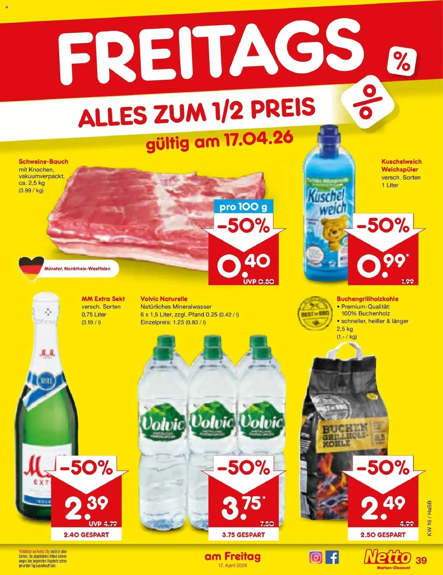 Netto Marken-Discount Prospekt Wuppertal	 – gültig ab 13.04.2026 | Seite: 57 | Produkte: Schweinebauch, Mineralwasser, Weichspüler, Volvic