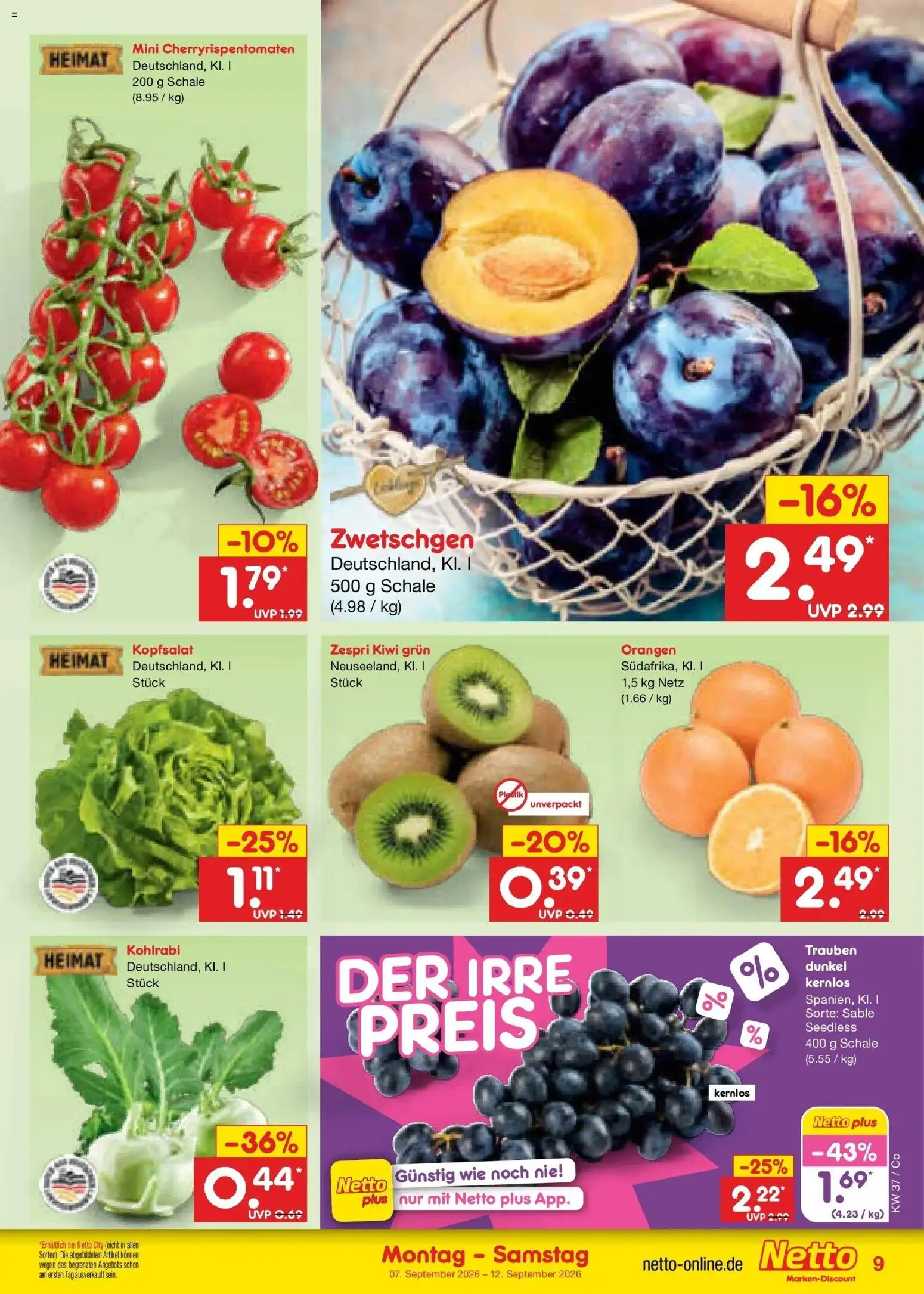 Netto Marken-Discount Prospekt Leipzig – gültig ab 07.09.2026 | Seite: 15 | Produkte: Trauben, Kohlrabi, Zwetschgen, Kiwi