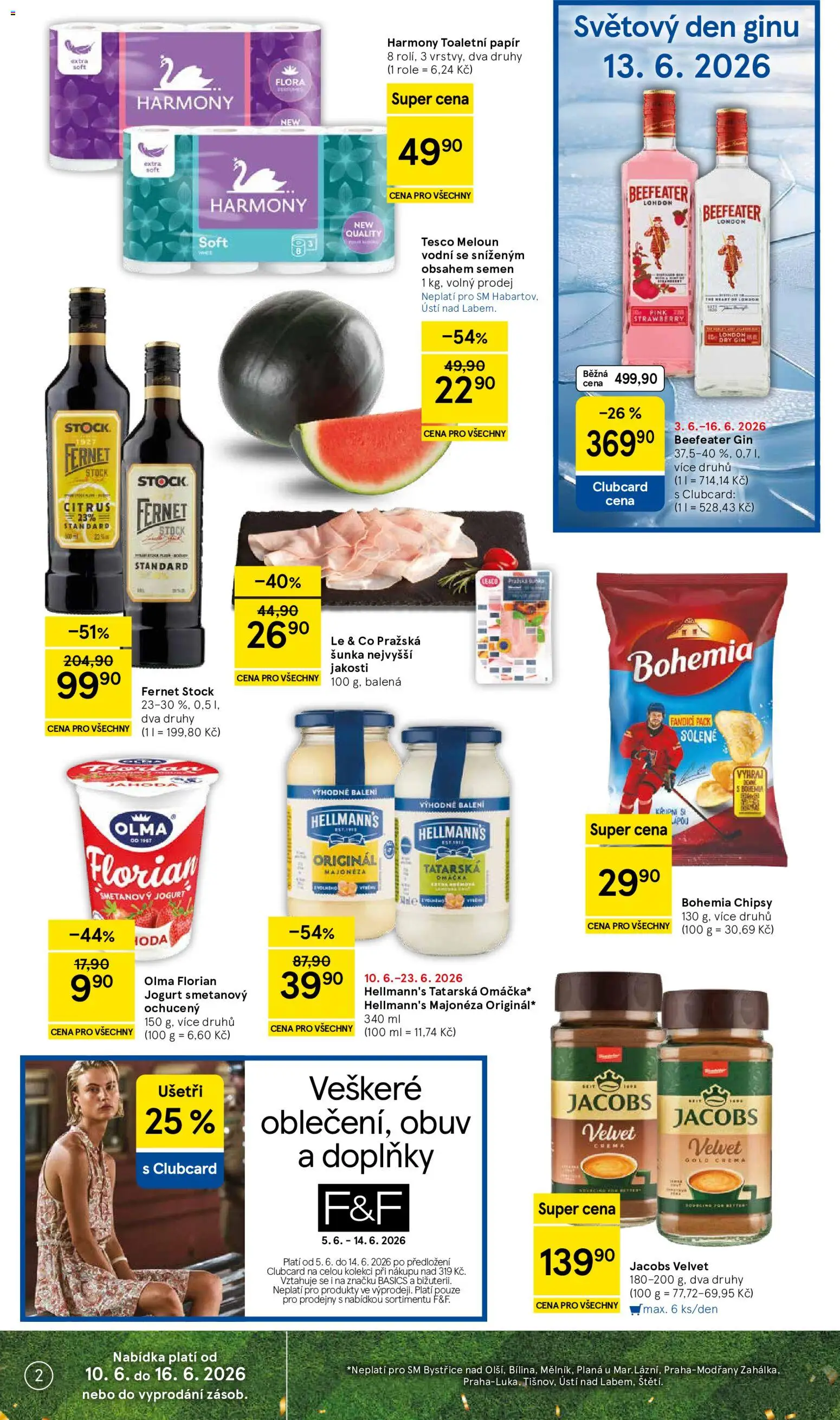Tesco leták - Supermarket od 10.06.2026 | Strana: 2 | Produkty: Jogurt, Pražská šunka, London dry gin, Crema