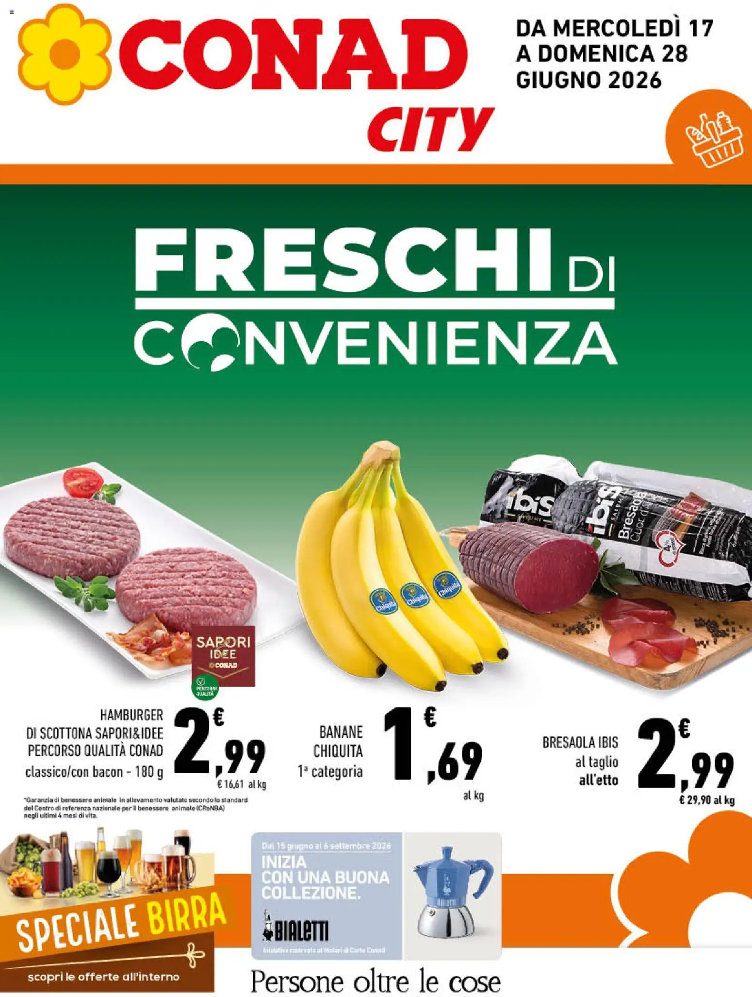Volantino Conad del 17.06.2026 | Pagina: 1 | Prodotti: Birra, Banane, Bresaola, Hamburger