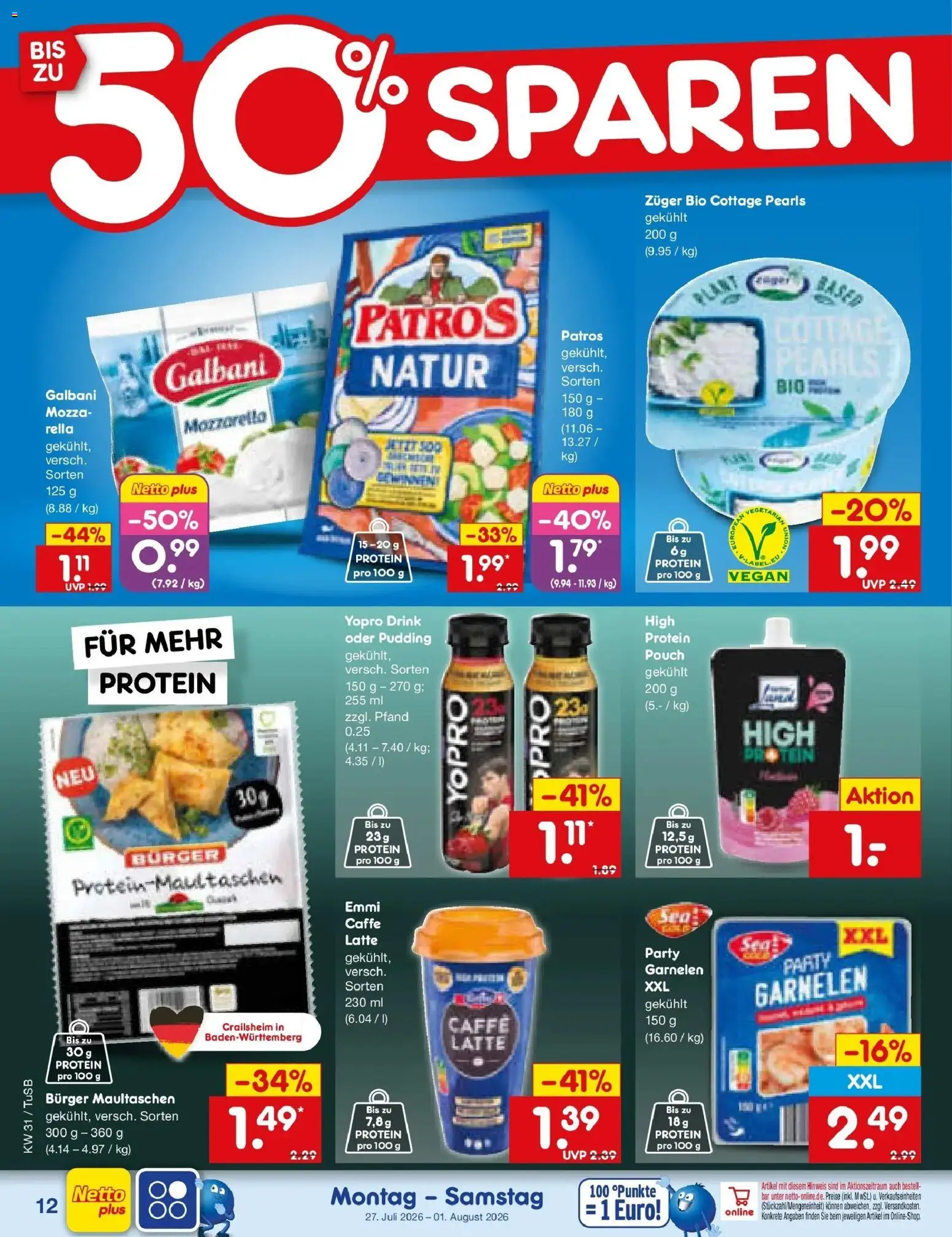 Netto Marken-Discount Prospekt Sindelfingen – gültig ab 27.07.2026 | Seite: 20 | Produkte: Mozzarella, Garnelen, Patros, Pudding