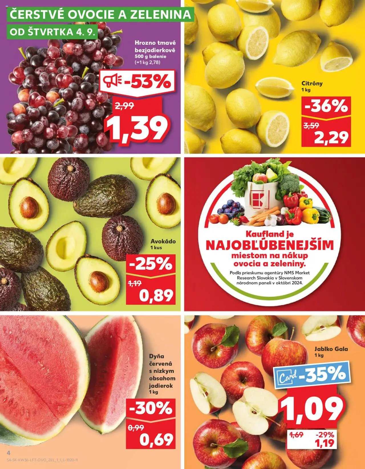 Nové Kaufland akcie – leták je platný od 04.09.2025 | Strana: 4 | Produkty: Apple, Citróny, Avokádo, Ovocie