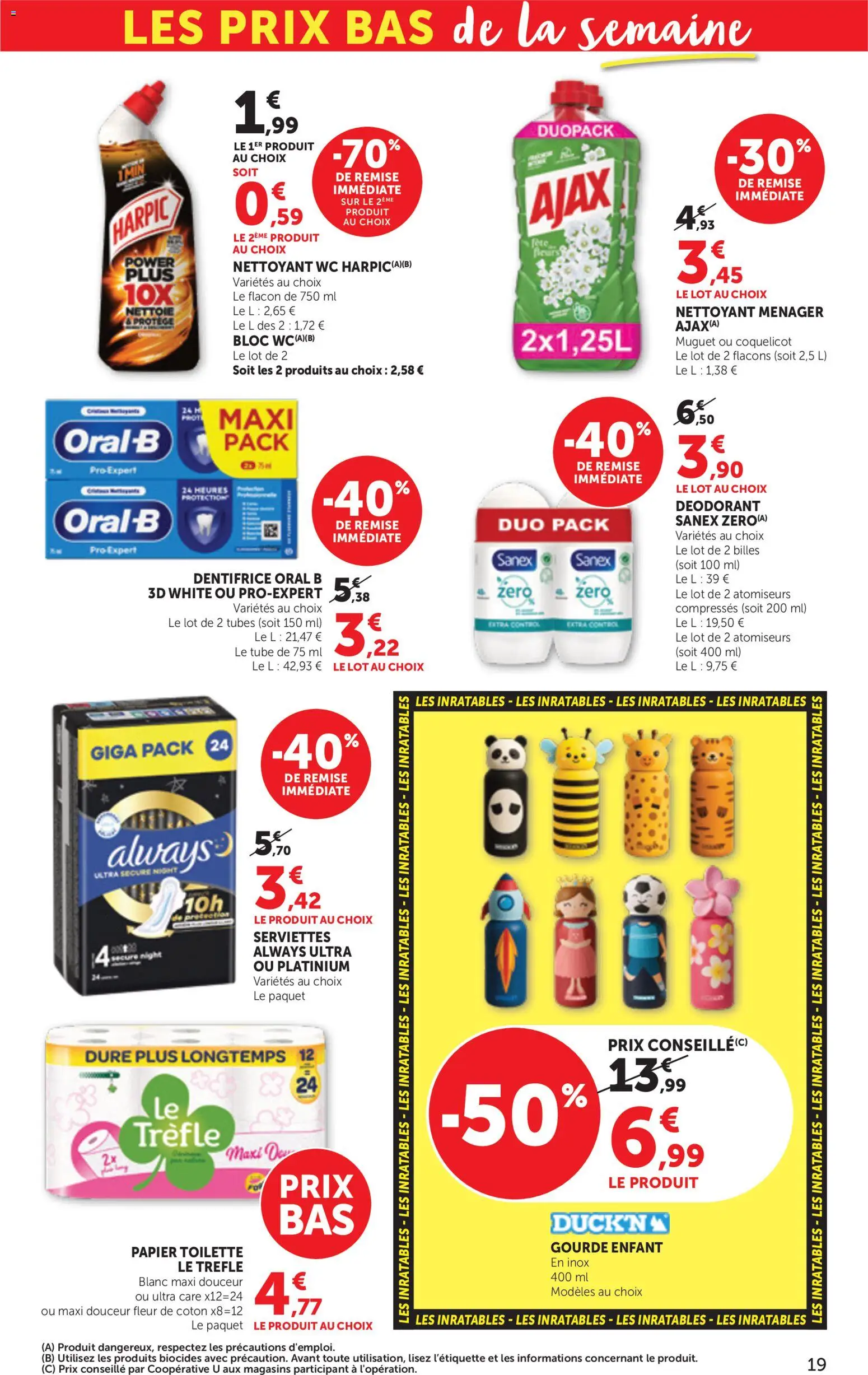 {H1} | Page: 19 | Produits: Gourde, Nettoyant wc, Déodorant, Serviettes