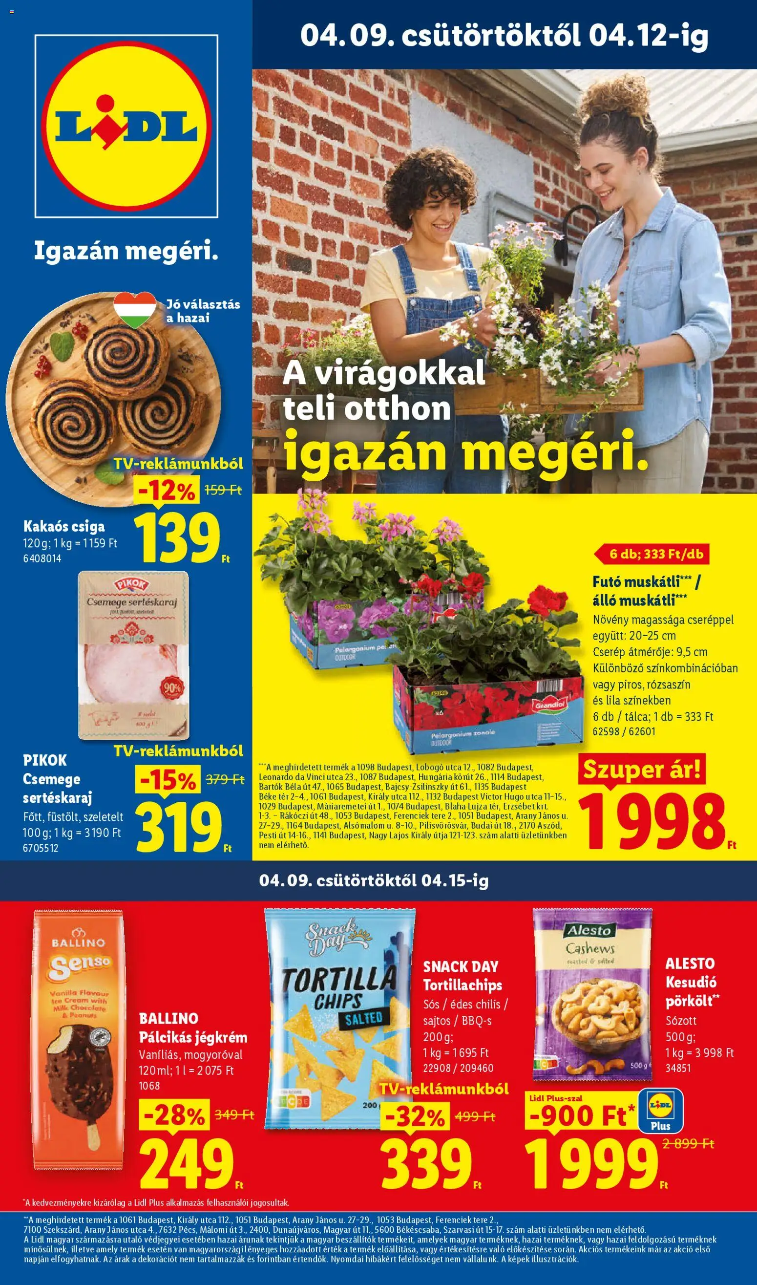 Lidl akciós ujság - amely érvényes a következő dátumtól: 09.04.2026 | Oldal: 1 | Termékek: Kesudió, Tortillachips, Kakaós csiga, Jégkrém