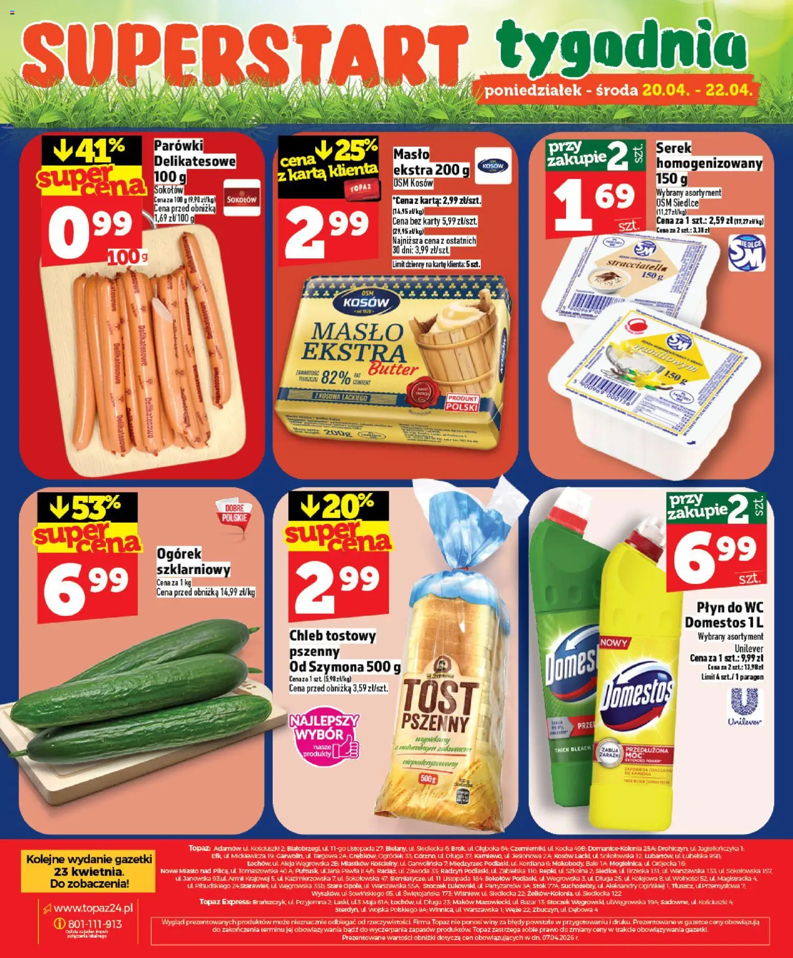 Topaz gazetka od 16.04.2026 | Strona: 28 | Produkty: Serek, Chleb tostowy, Parówki, Domestos