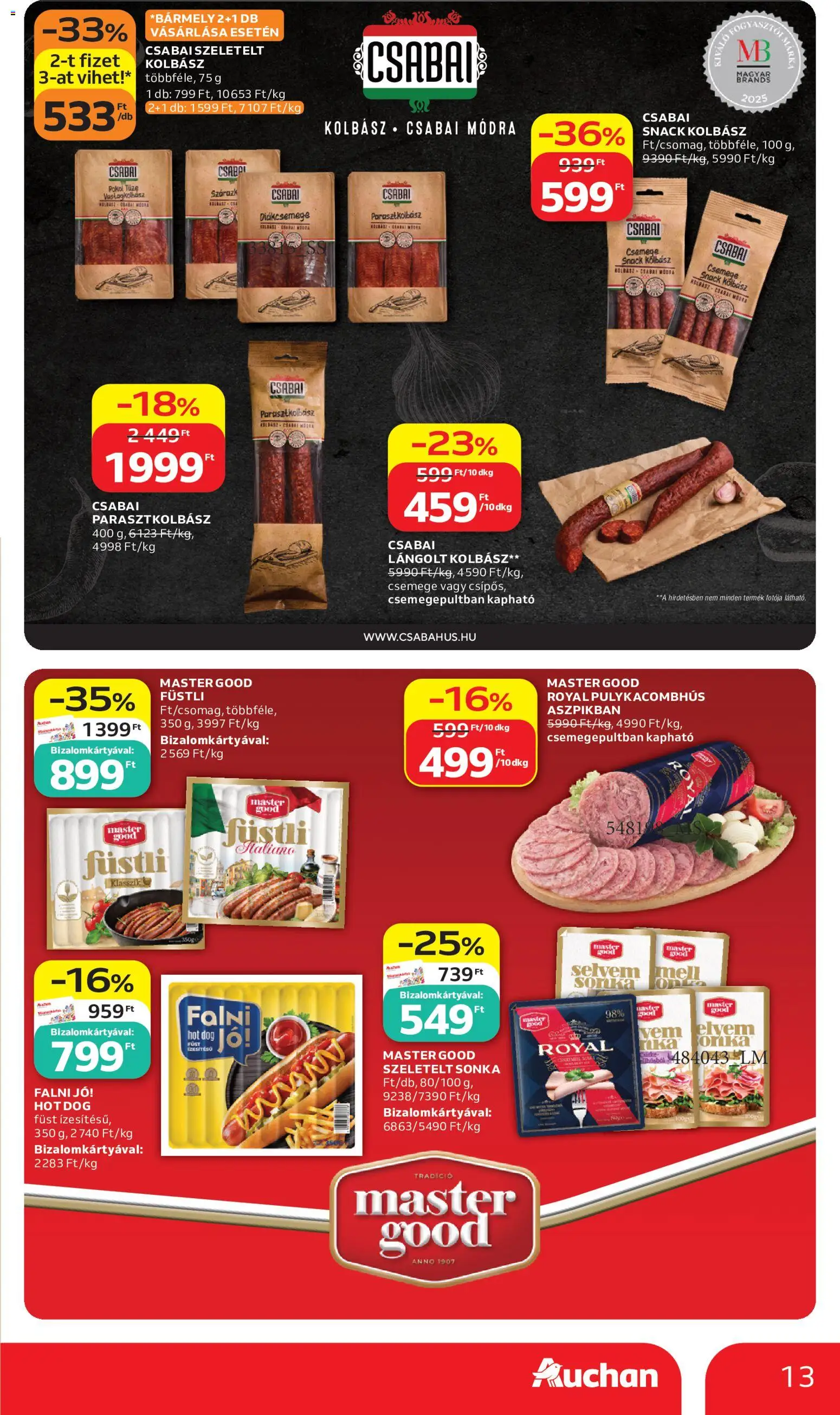 Auchan akciós ujság - amely érvényes a következő dátumtól: 2026.06.11. | Oldal: 13 | Termékek: Kolbász, Diákcsemege, Vastagkolbász, Lángolt kolbász